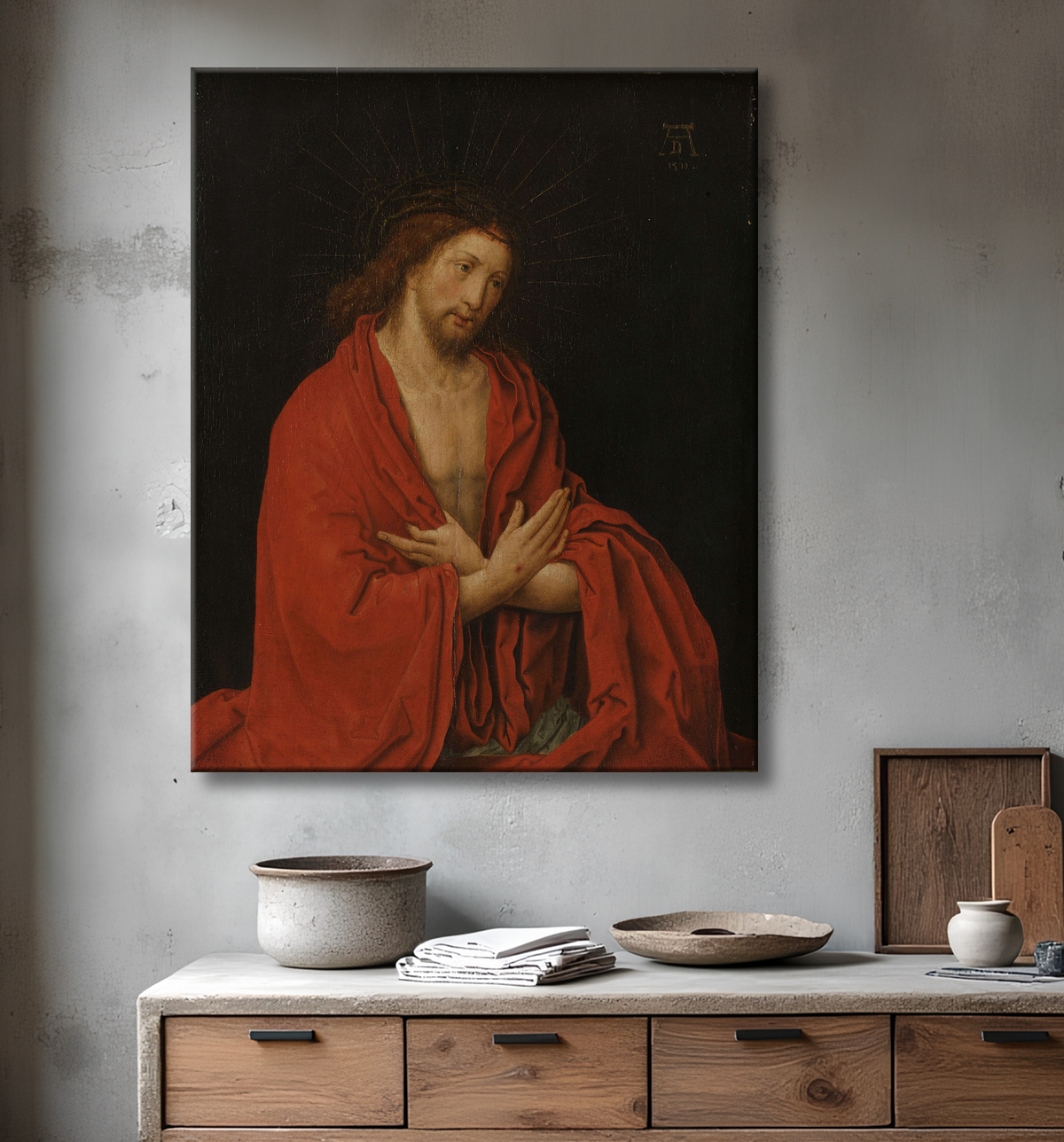 Reproduction Christ avec couronne d'épines de Lucas van Leyden avec decor