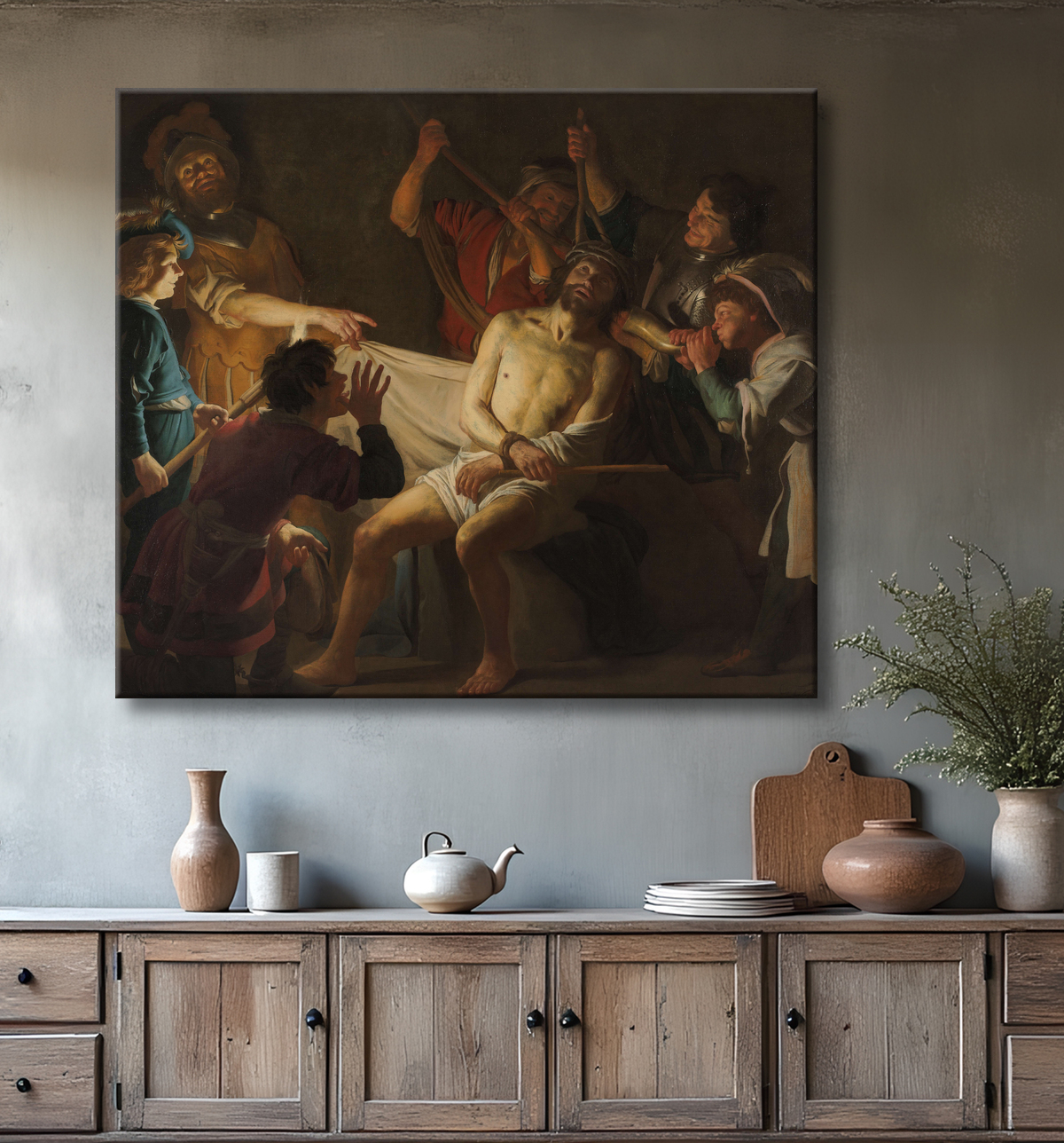 Reproduction Christ couronné d'épines (Matthieu 27:27-31) de Gerard van Honthorst avec decor