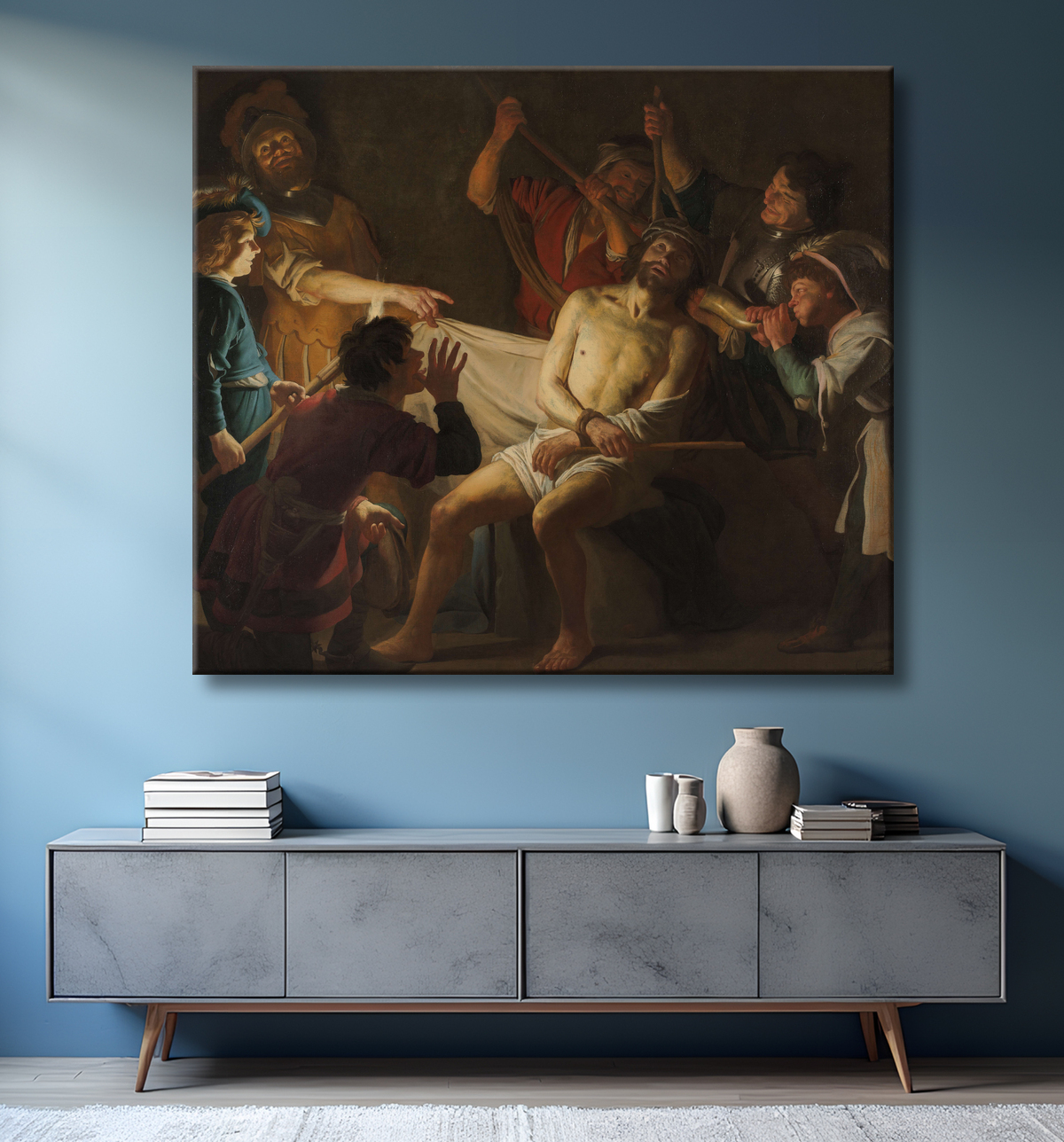 Reproduction Christ couronné d'épines (Matthieu 27:27-31) de Gerard van Honthorst avec decor