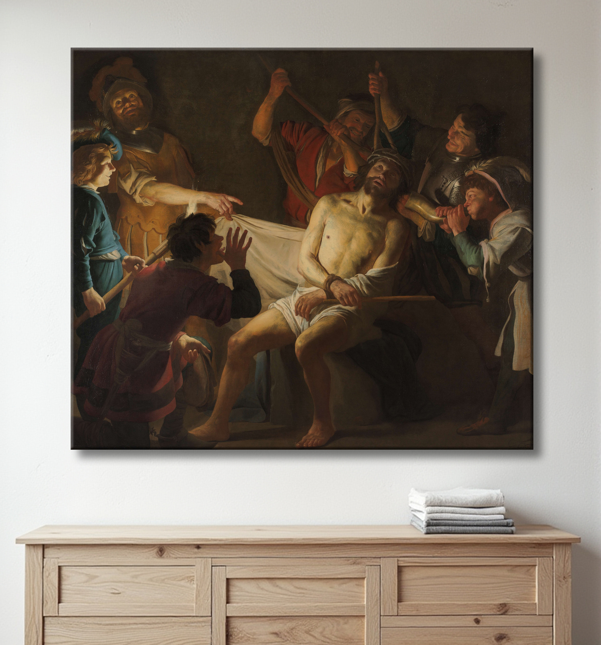 Reproduction Christ couronné d'épines (Matthieu 27:27-31) de Gerard van Honthorst avec decor