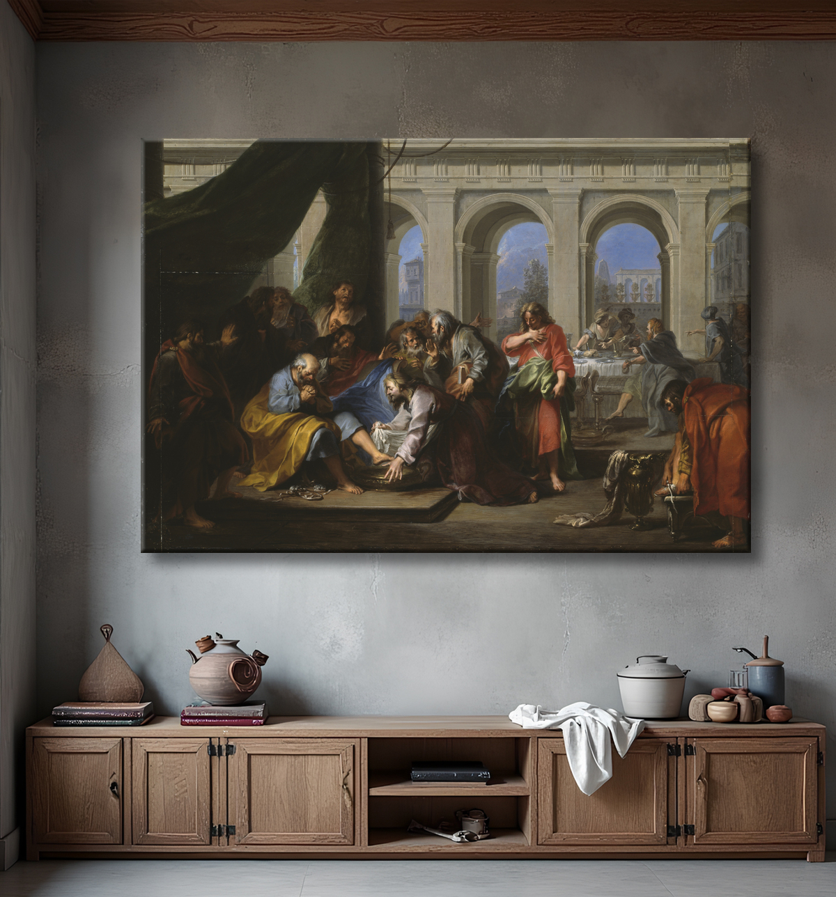 Reproduction Christ lavant les pieds de ses disciples de Nicolas Bertin avec decor