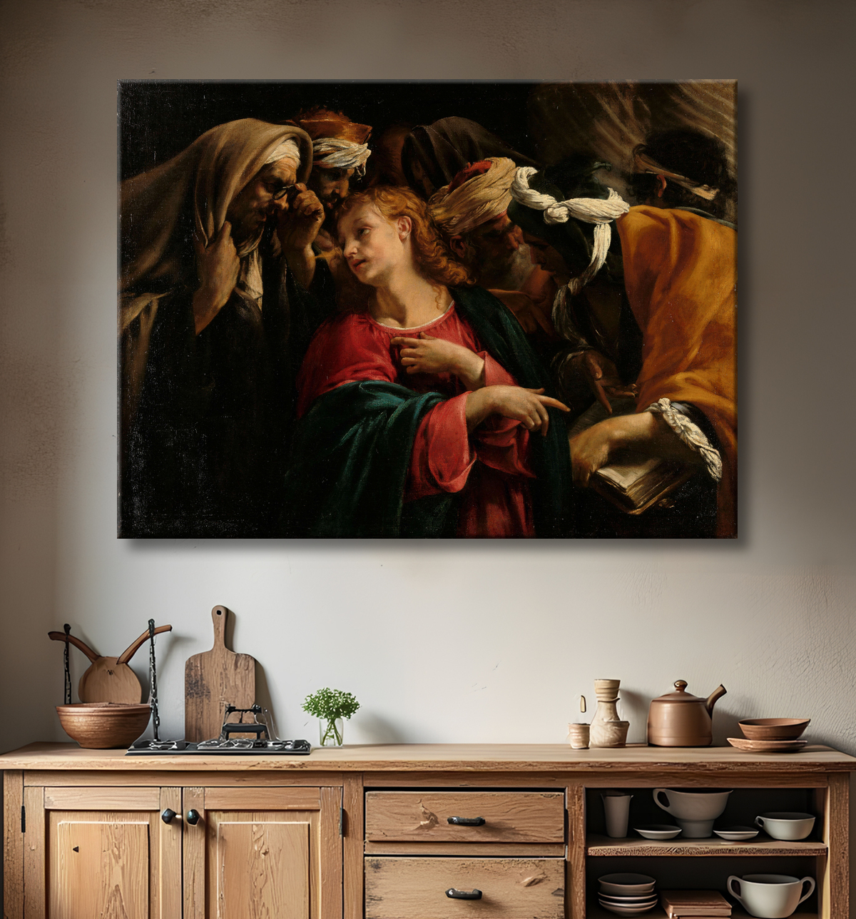 Reproduction Christ parmi les docteurs de Orazio Borgianni avec decor