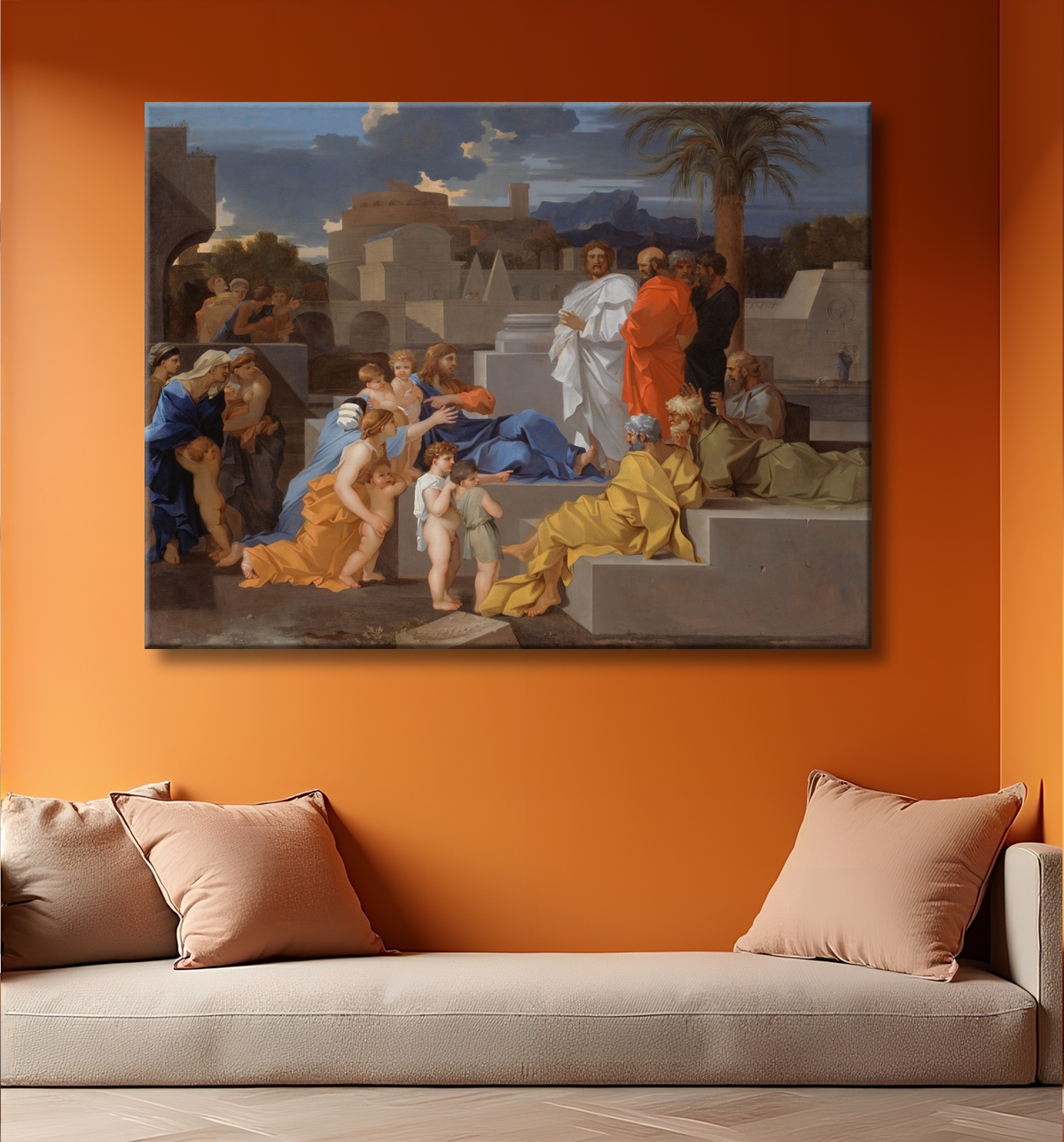 Reproduction Christ recevant les enfants de Sébastien Bourdon avec decor