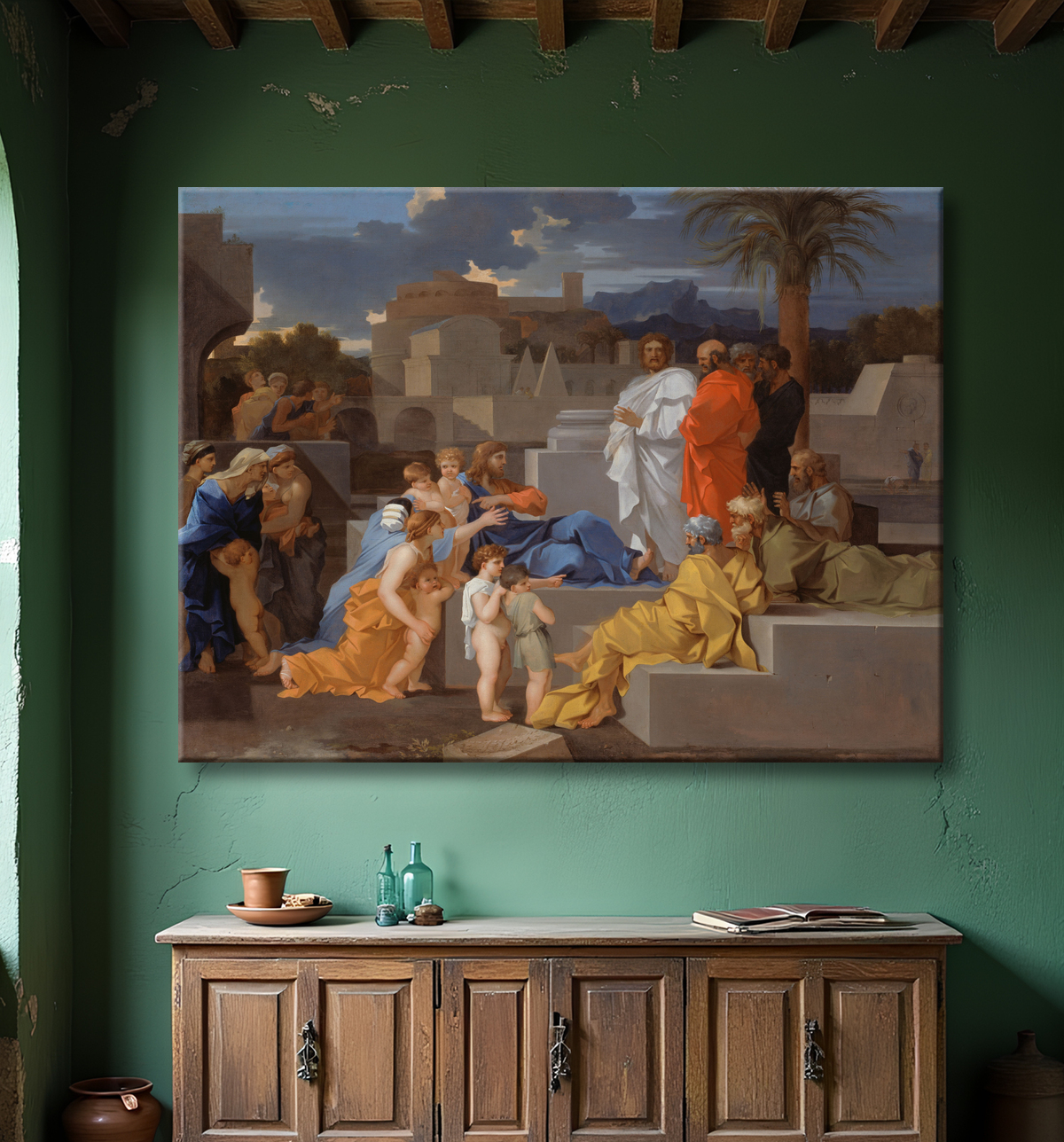 Reproduction Christ recevant les enfants de Sébastien Bourdon avec decor
