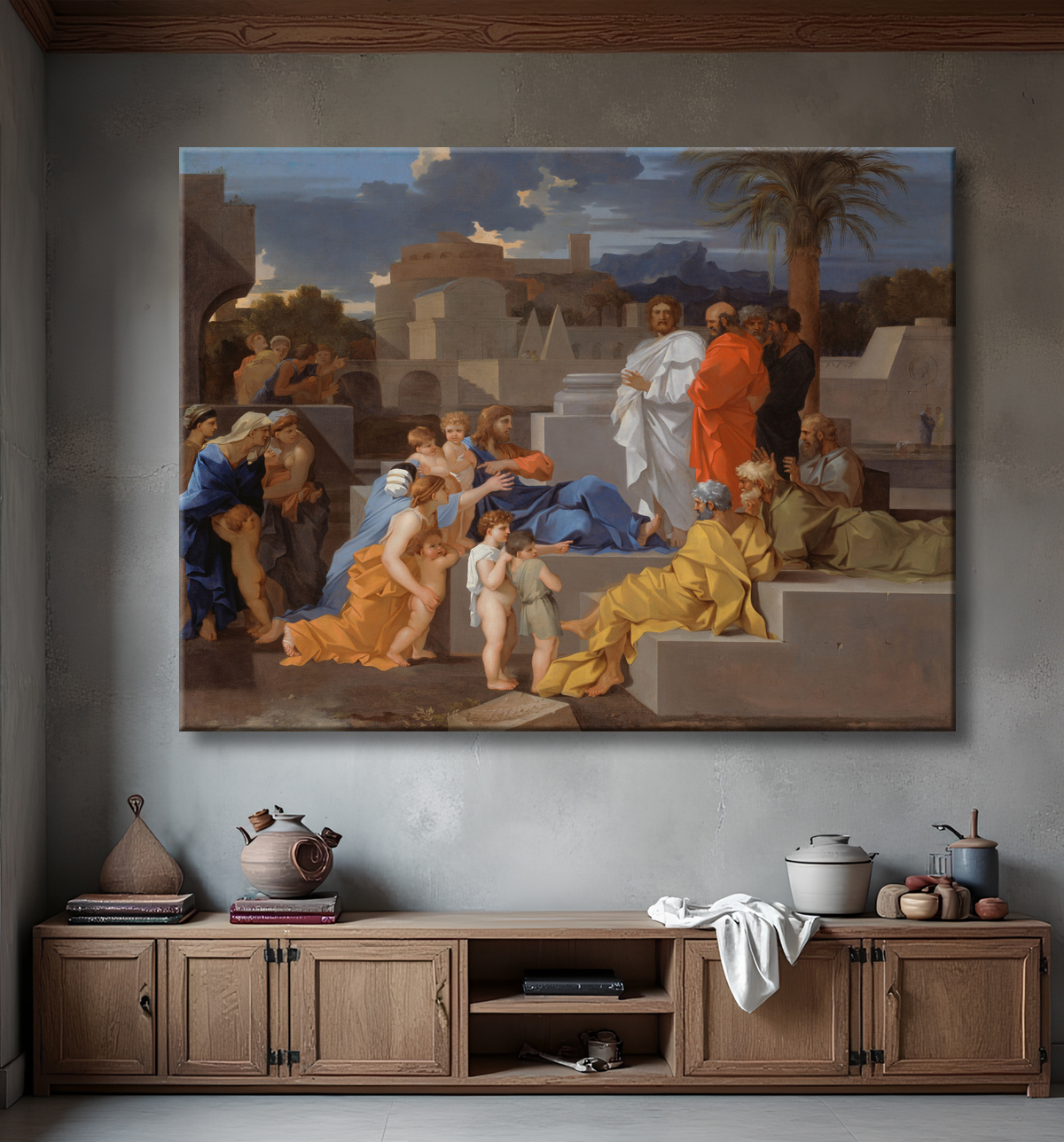 Reproduction Christ recevant les enfants de Sébastien Bourdon avec decor