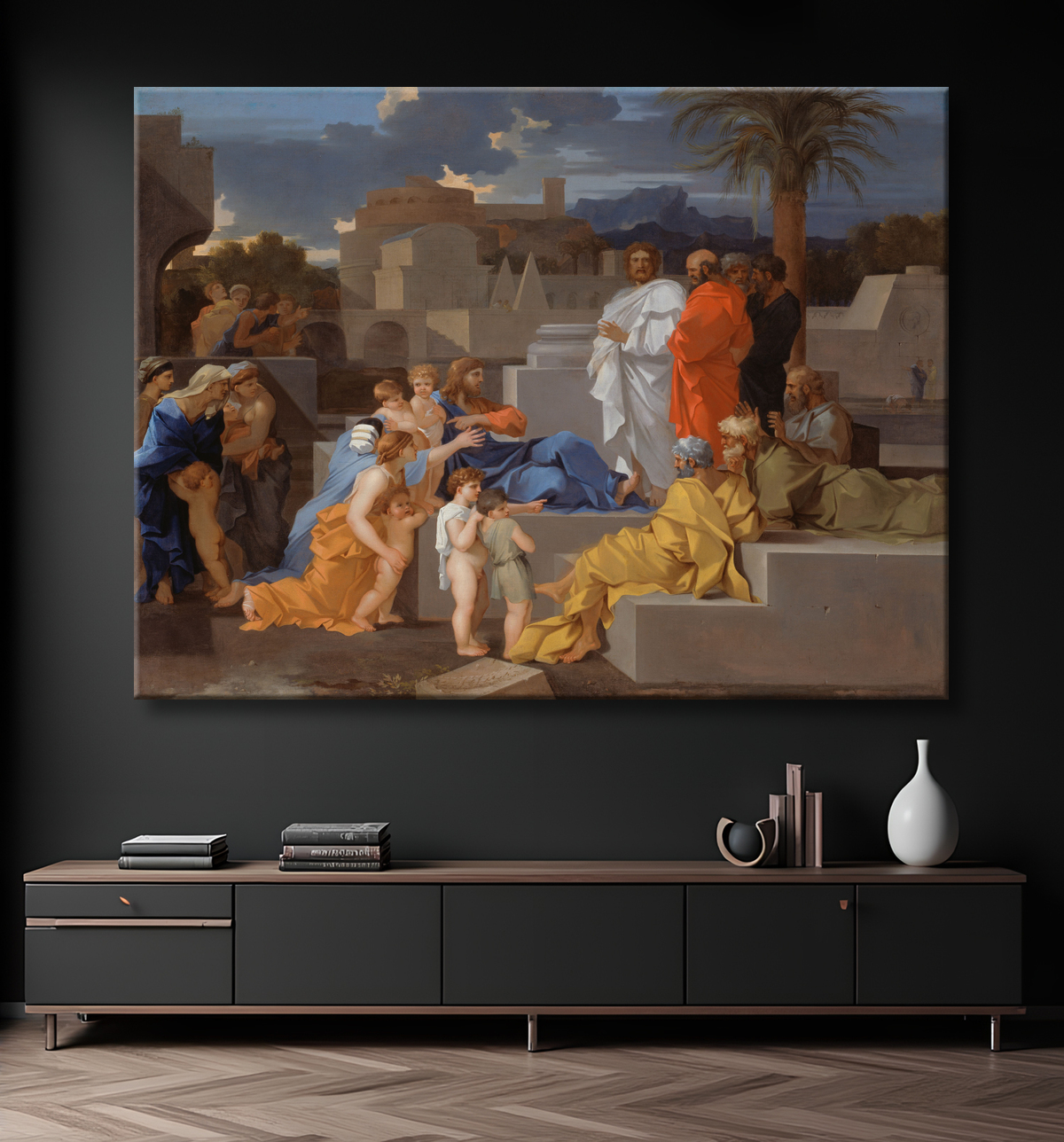 Reproduction Christ recevant les enfants de Sébastien Bourdon avec decor