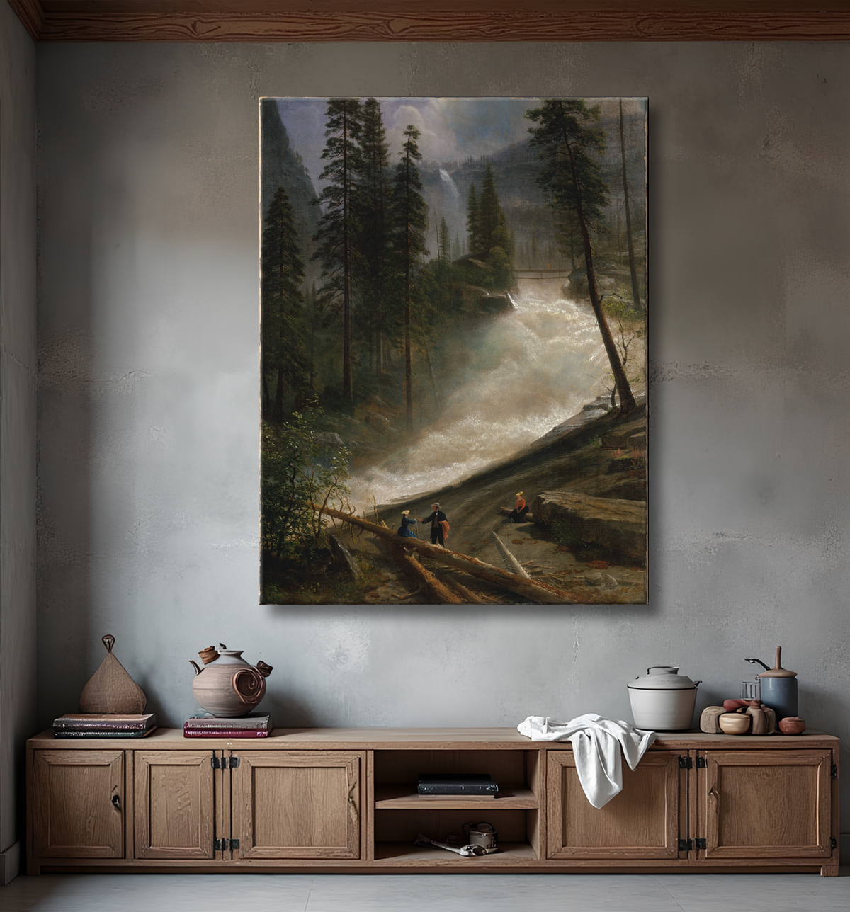 Reproduction Chutes du Nevada, Yosemite de Albert Bierstadt avec decor