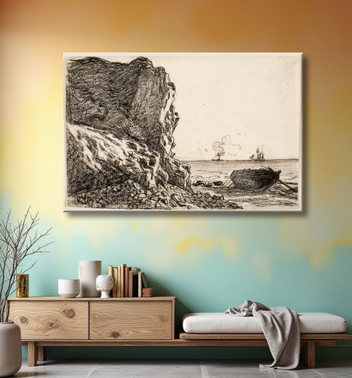 Reproduction Cliffs and Sea, Sainte-Adresse de Claude Monet avec decor