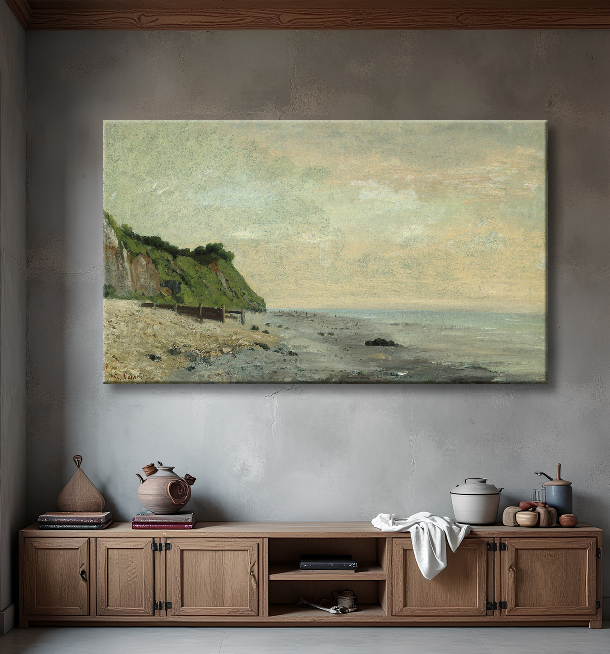 Reproduction Cliffs on the Sea Coast: Small Beach, Sunrise (Falaise au bord de la mer, vu Petite Plage, soleil levant) de Gustave Courbet avec decor
