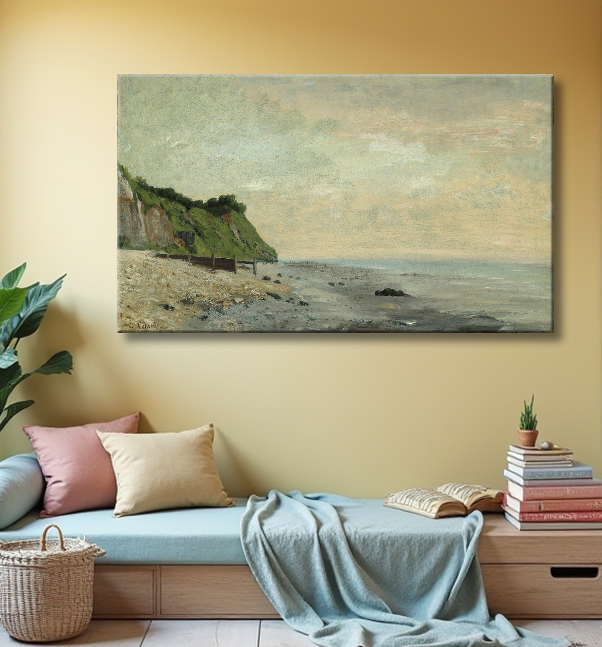 Reproduction Cliffs on the Sea Coast: Small Beach, Sunrise (Falaise au bord de la mer, vu Petite Plage, soleil levant) de Gustave Courbet avec decor