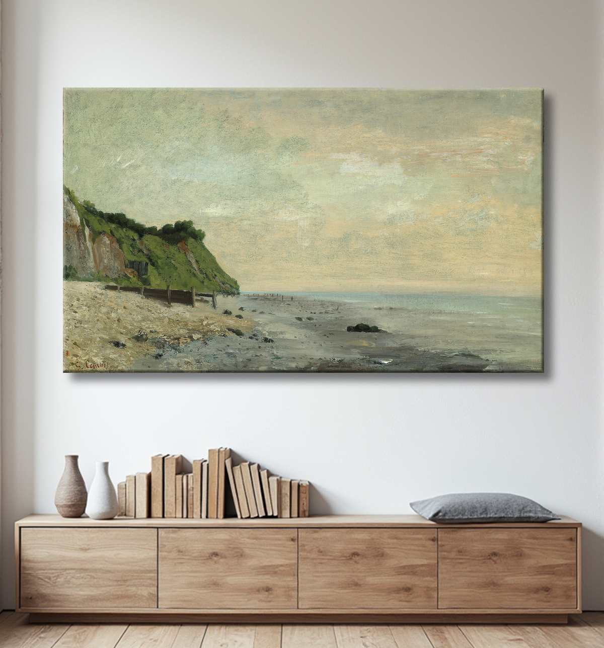 Reproduction Cliffs on the Sea Coast: Small Beach, Sunrise (Falaise au bord de la mer, vu Petite Plage, soleil levant) de Gustave Courbet avec decor