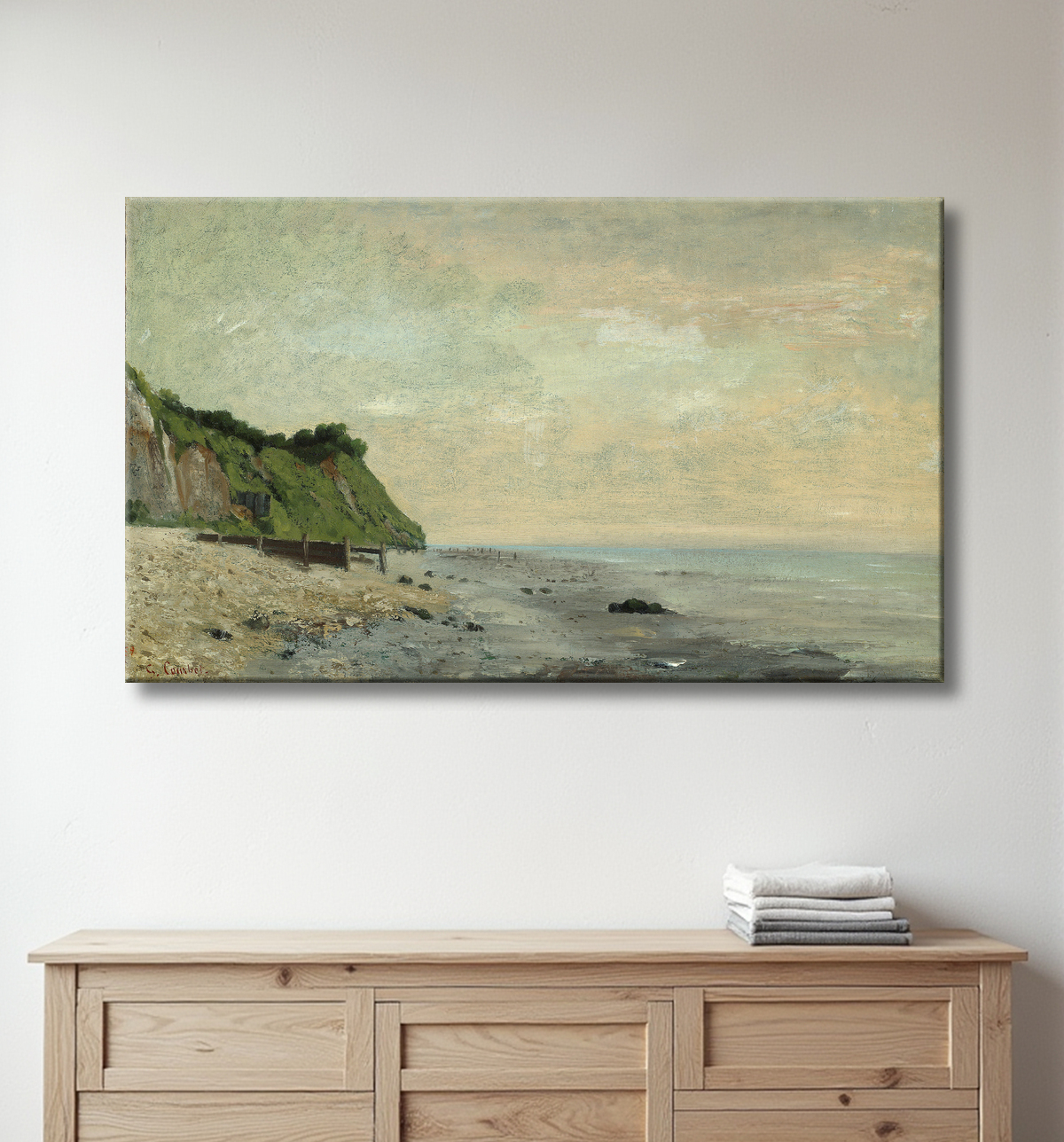 Reproduction Cliffs on the Sea Coast: Small Beach, Sunrise (Falaise au bord de la mer, vu Petite Plage, soleil levant) de Gustave Courbet avec decor