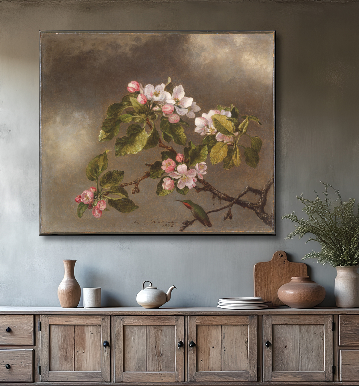 Reproduction Colibri et fleurs de pommier de Martin Johnson Heade avec decor