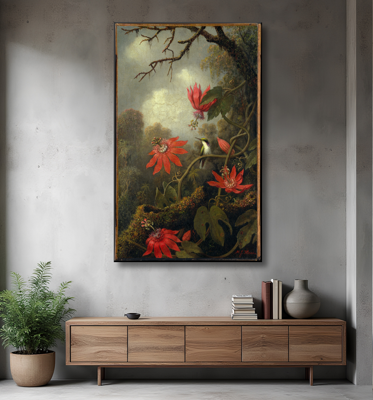 Reproduction Colibri et passiflores de Martin Johnson Heade avec decor