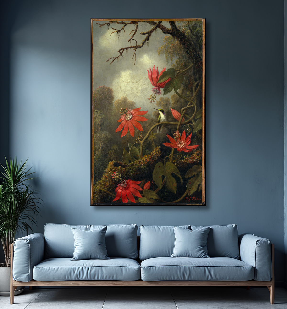 Reproduction Colibri et passiflores de Martin Johnson Heade avec decor
