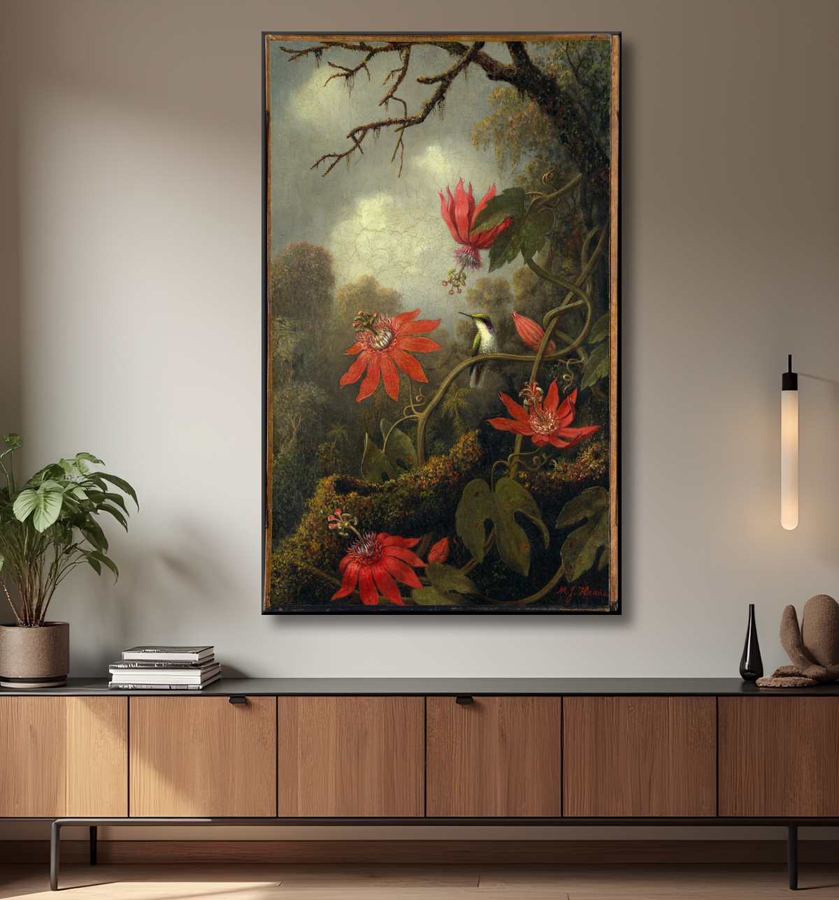 Reproduction Colibri et passiflores de Martin Johnson Heade avec decor