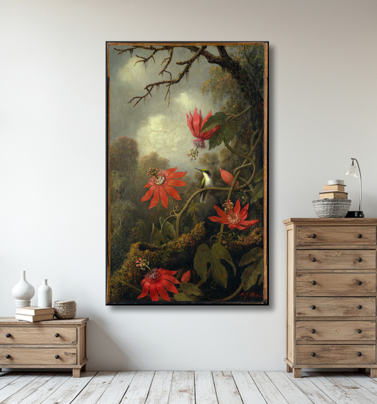 Reproduction Colibri et passiflores de Martin Johnson Heade avec decor