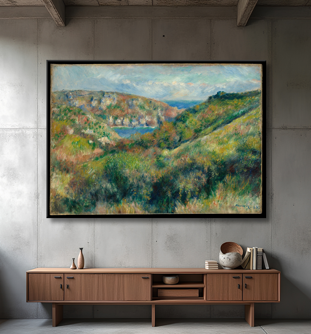 Reproduction Collines autour de la baie de Moulin Huet, Guernesey de Auguste Renoir avec decor