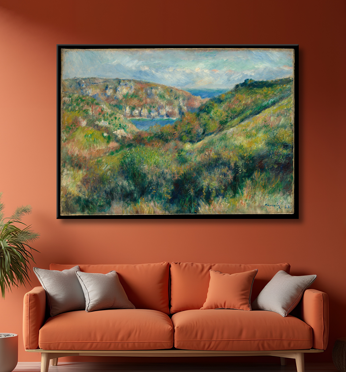 Reproduction Collines autour de la baie de Moulin Huet, Guernesey de Auguste Renoir avec decor