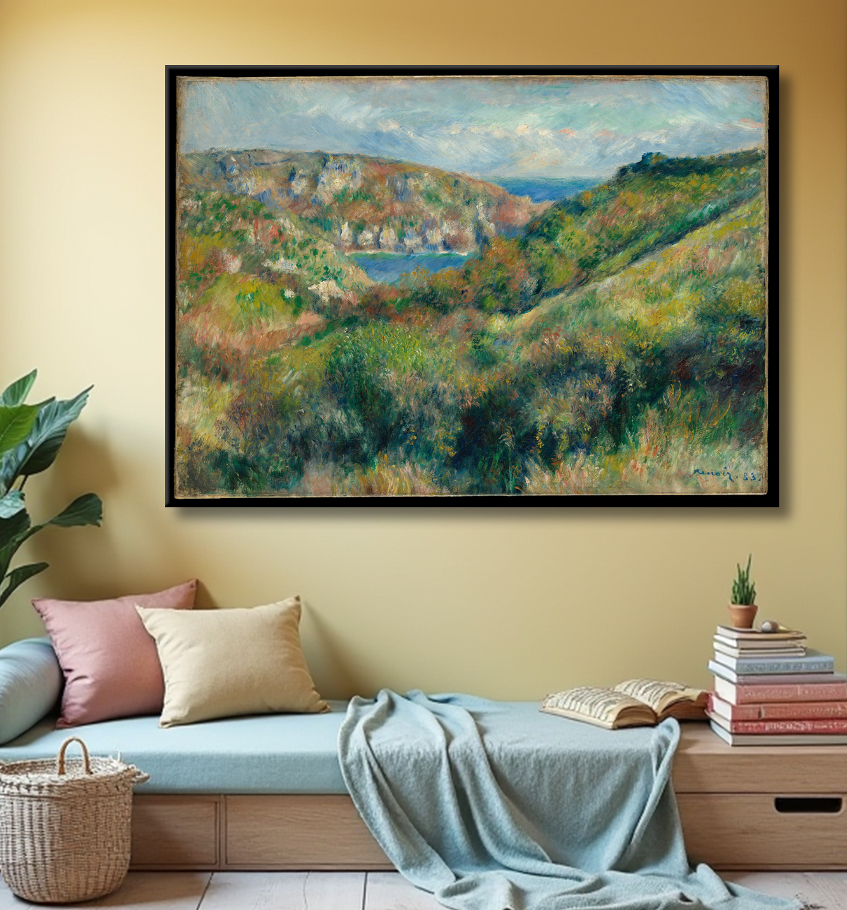 Reproduction Collines autour de la baie de Moulin Huet, Guernesey de Auguste Renoir avec decor