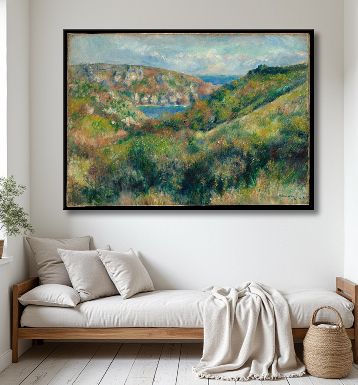 Reproduction Collines autour de la baie de Moulin Huet, Guernesey de Auguste Renoir avec decor