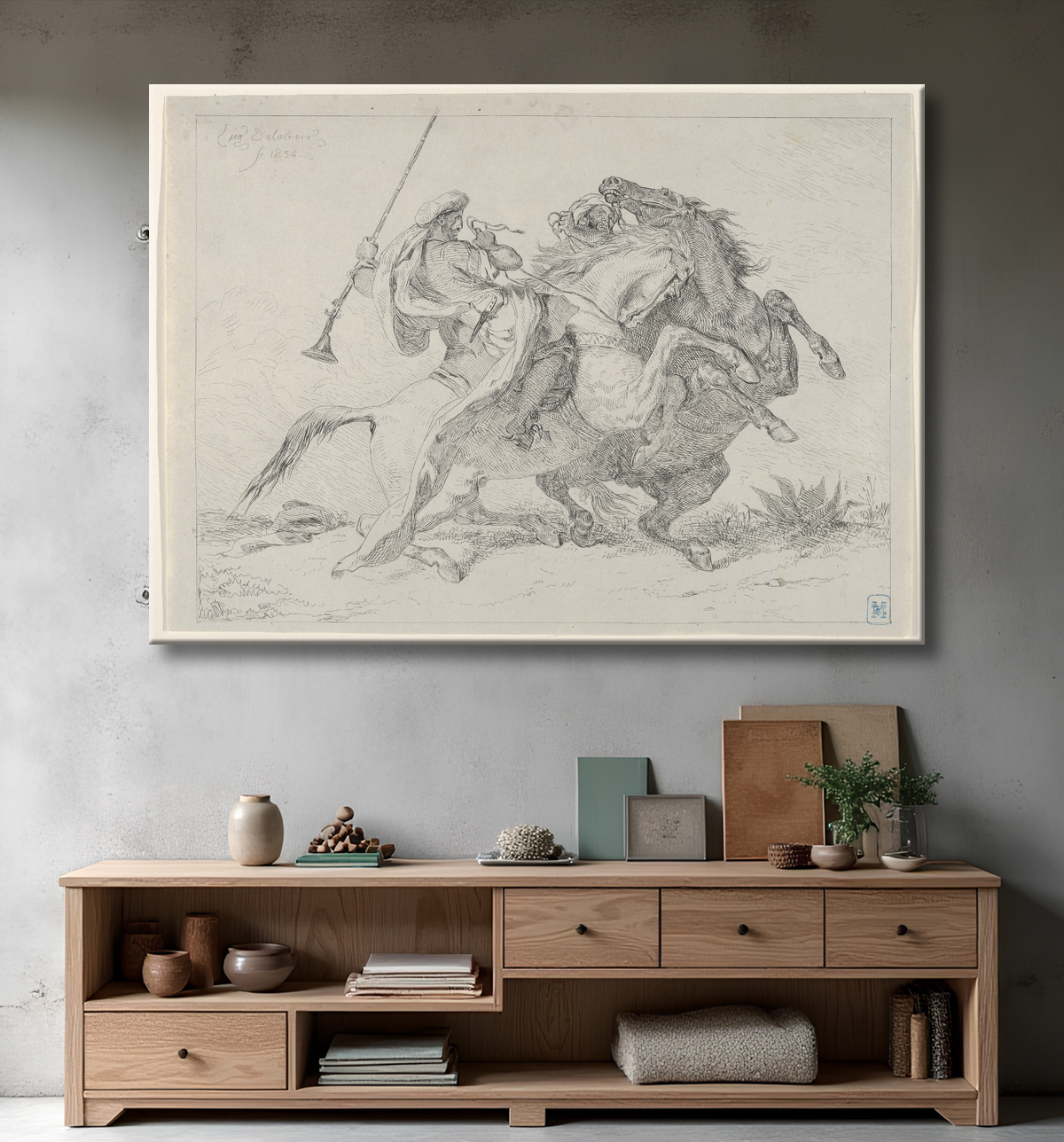Reproduction Collision de cavaliers maures de Eugène Delacroix avec decor