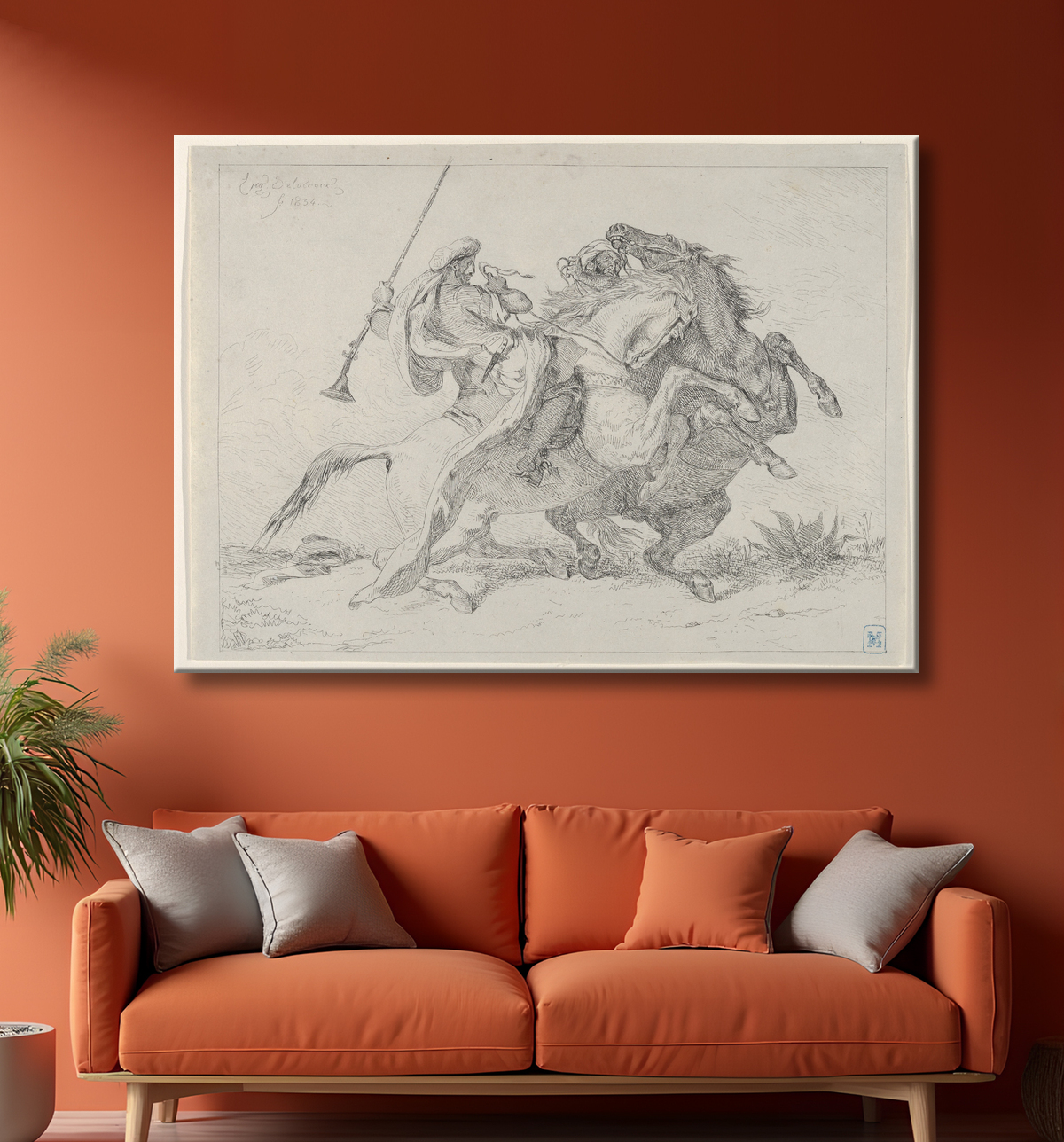 Reproduction Collision de cavaliers maures de Eugène Delacroix avec decor