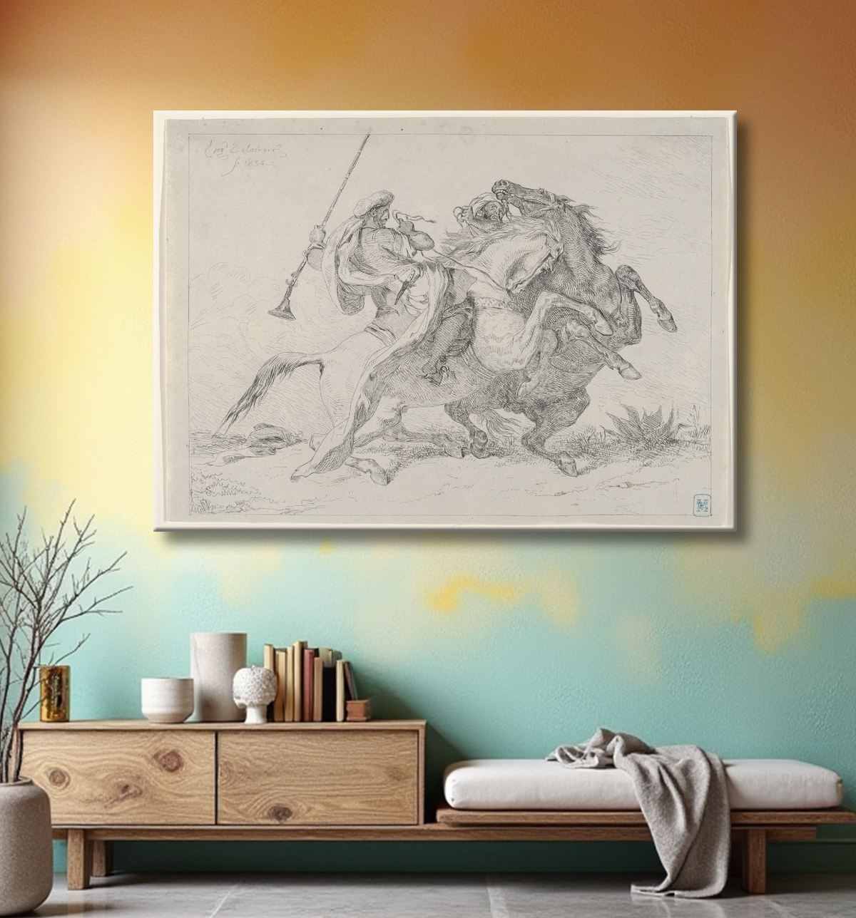 Reproduction Collision de cavaliers maures de Eugène Delacroix avec decor