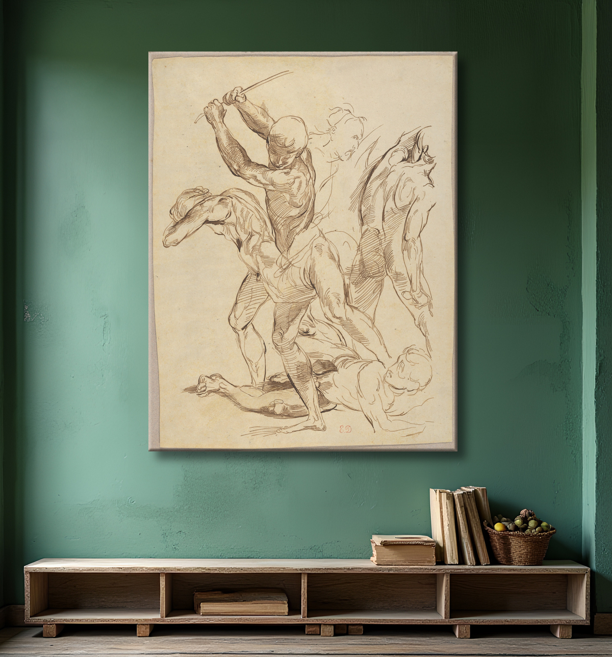 Reproduction Combat d'hommes nus, d'après Raphaël de Eugène Delacroix avec decor