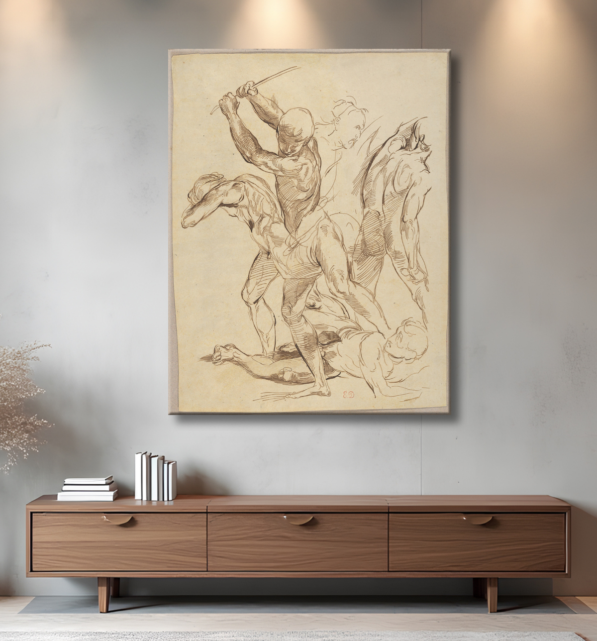 Reproduction Combat d'hommes nus, d'après Raphaël de Eugène Delacroix avec decor