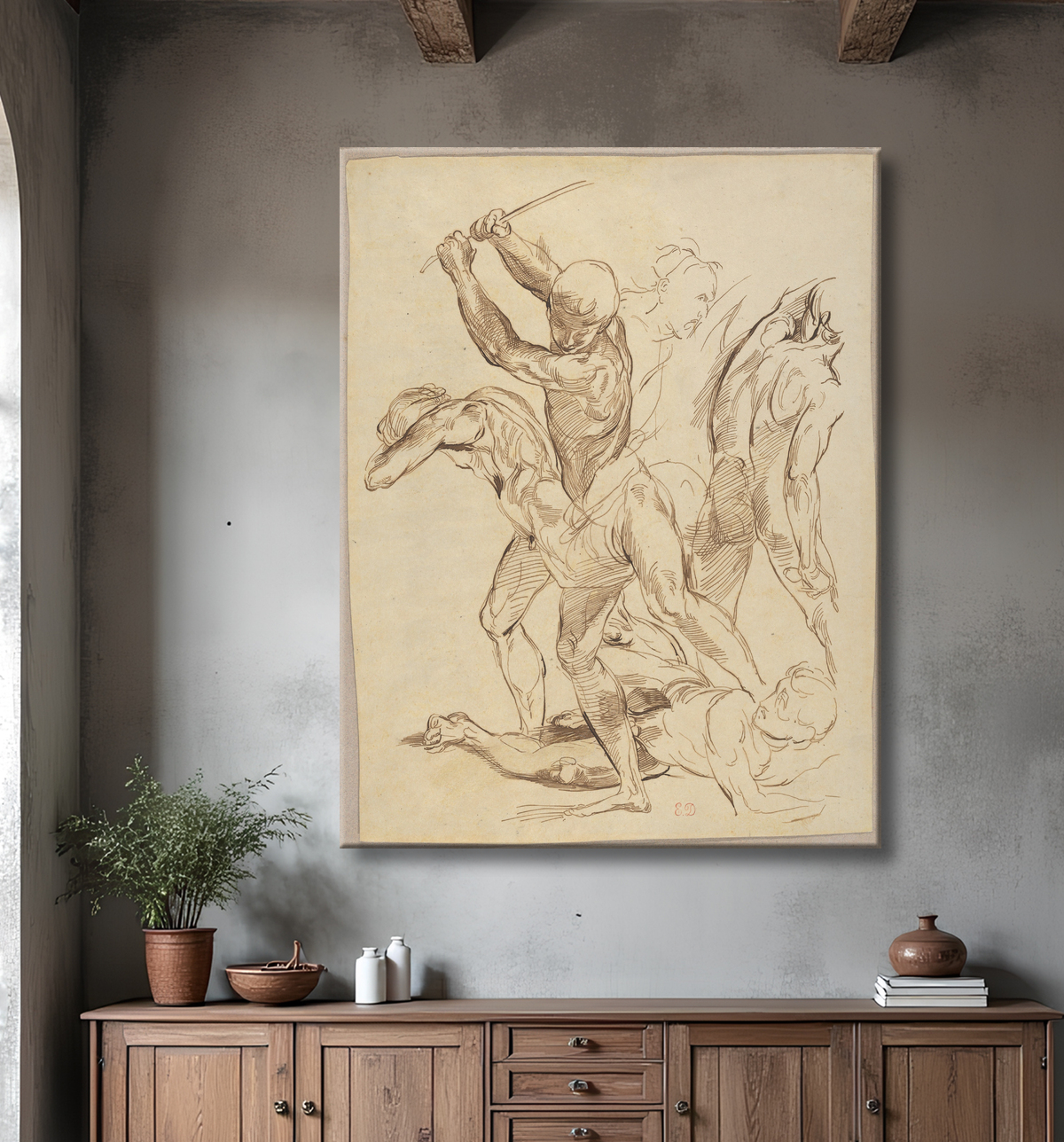 Reproduction Combat d'hommes nus, d'après Raphaël de Eugène Delacroix avec decor