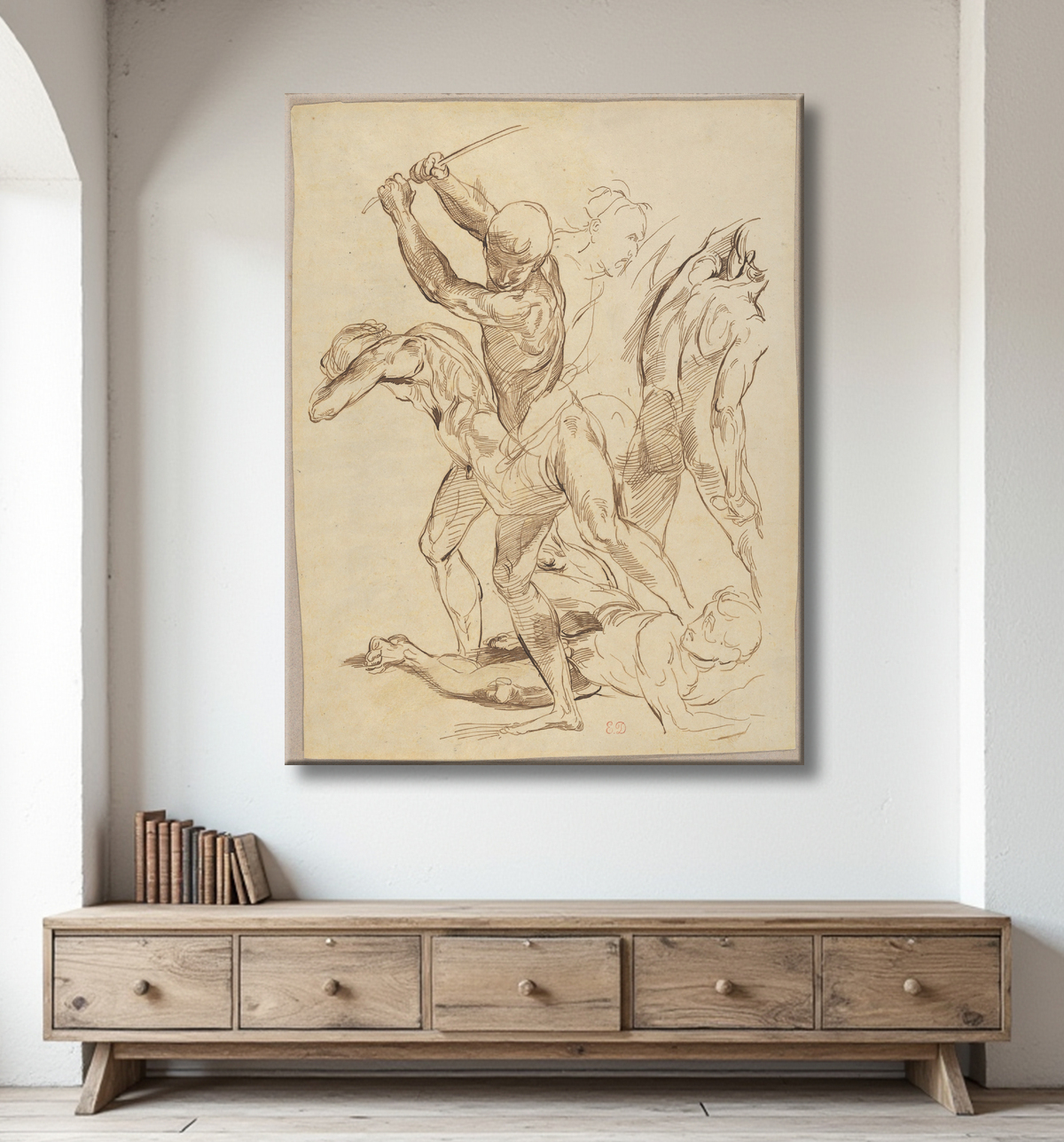 Reproduction Combat d'hommes nus, d'après Raphaël de Eugène Delacroix avec decor