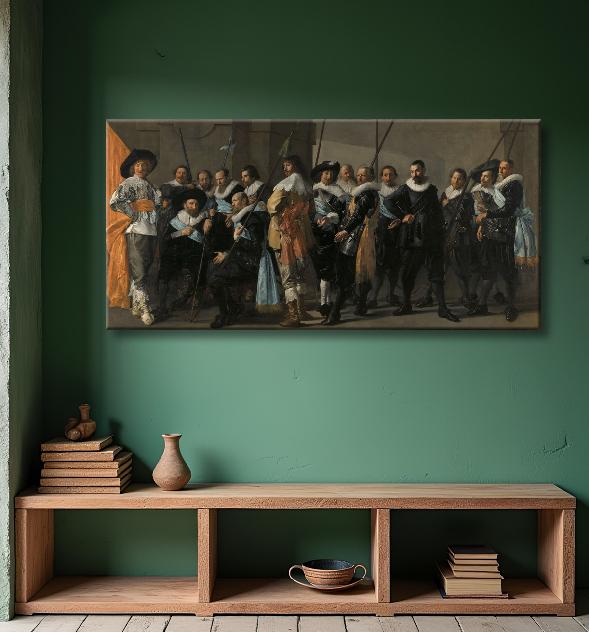 Reproduction Compagnie de milice du district XI sous le commandement du capitaine Reynier Reael, connue sous le nom de « la maigre compagnie » de Frans Hals avec decor