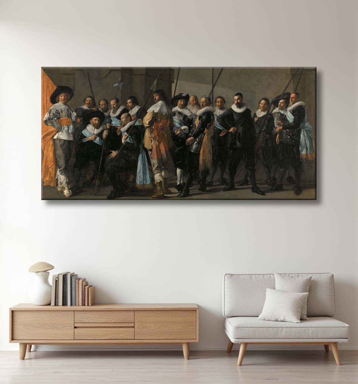 Reproduction Compagnie de milice du district XI sous le commandement du capitaine Reynier Reael, connue sous le nom de « la maigre compagnie » de Frans Hals avec decor
