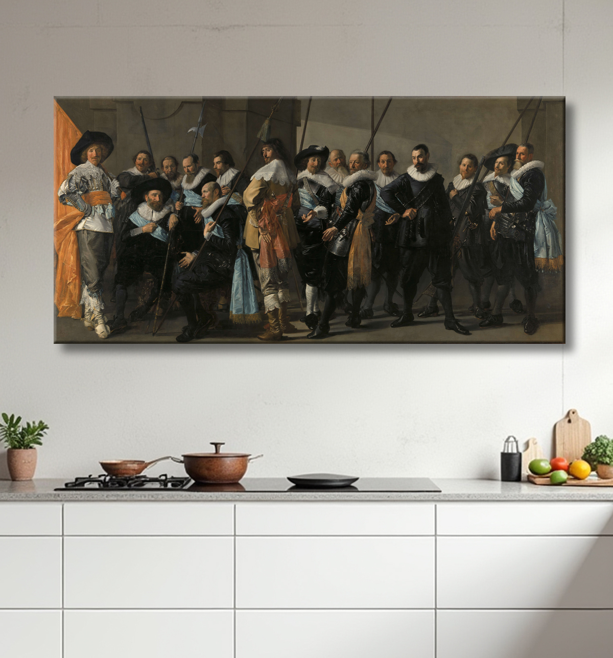 Reproduction Compagnie de milice du district XI sous le commandement du capitaine Reynier Reael, connue sous le nom de « la maigre compagnie » de Frans Hals avec decor
