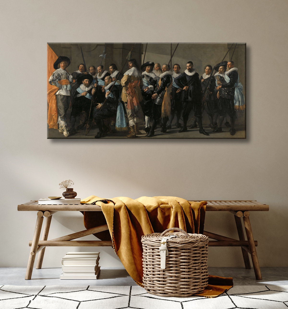 Reproduction Compagnie de milice du district XI sous le commandement du capitaine Reynier Reael, connue sous le nom de « la maigre compagnie » de Frans Hals avec decor