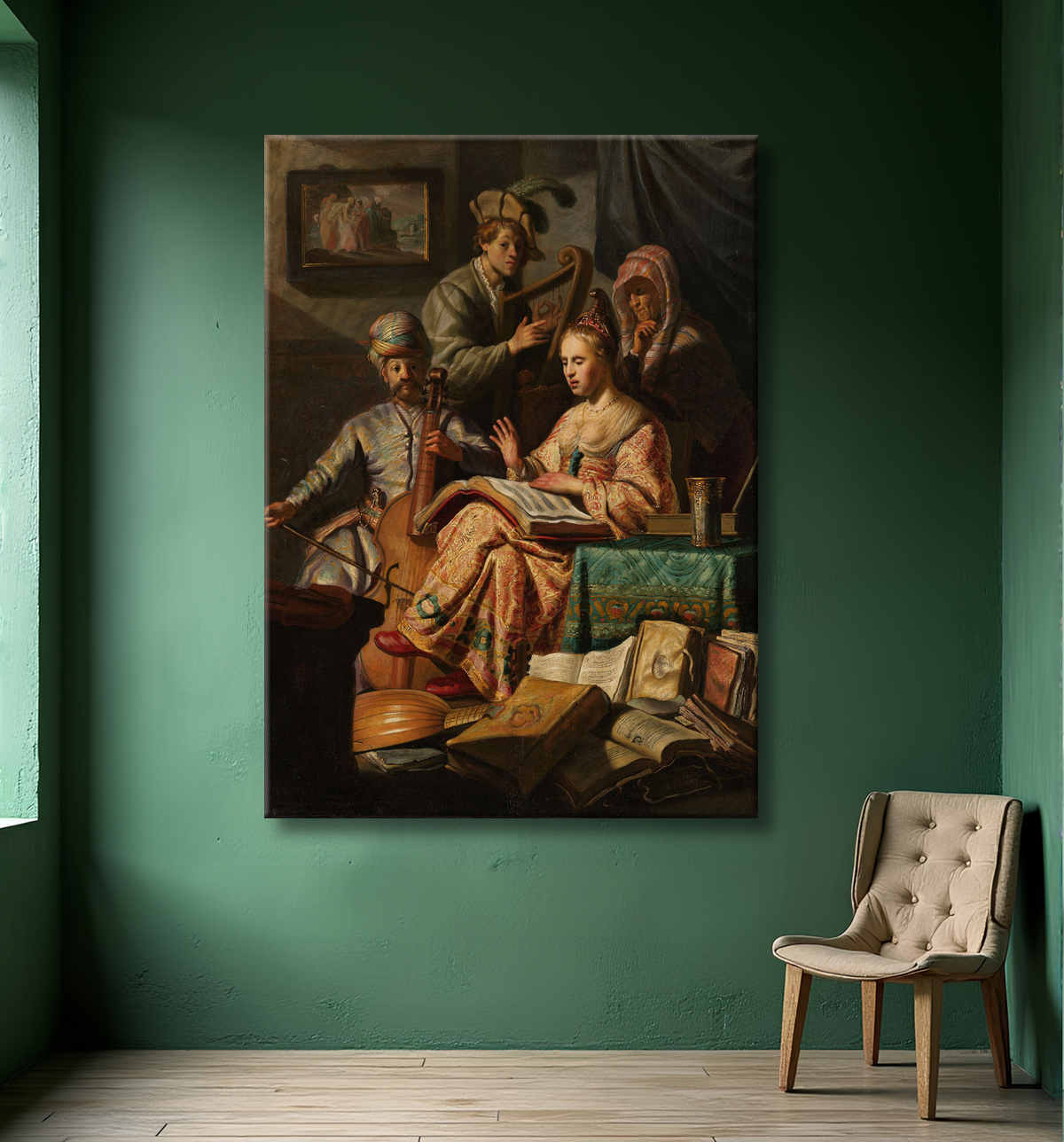 Reproduction Compagnie musicale de Rembrandt van Rijn avec decor