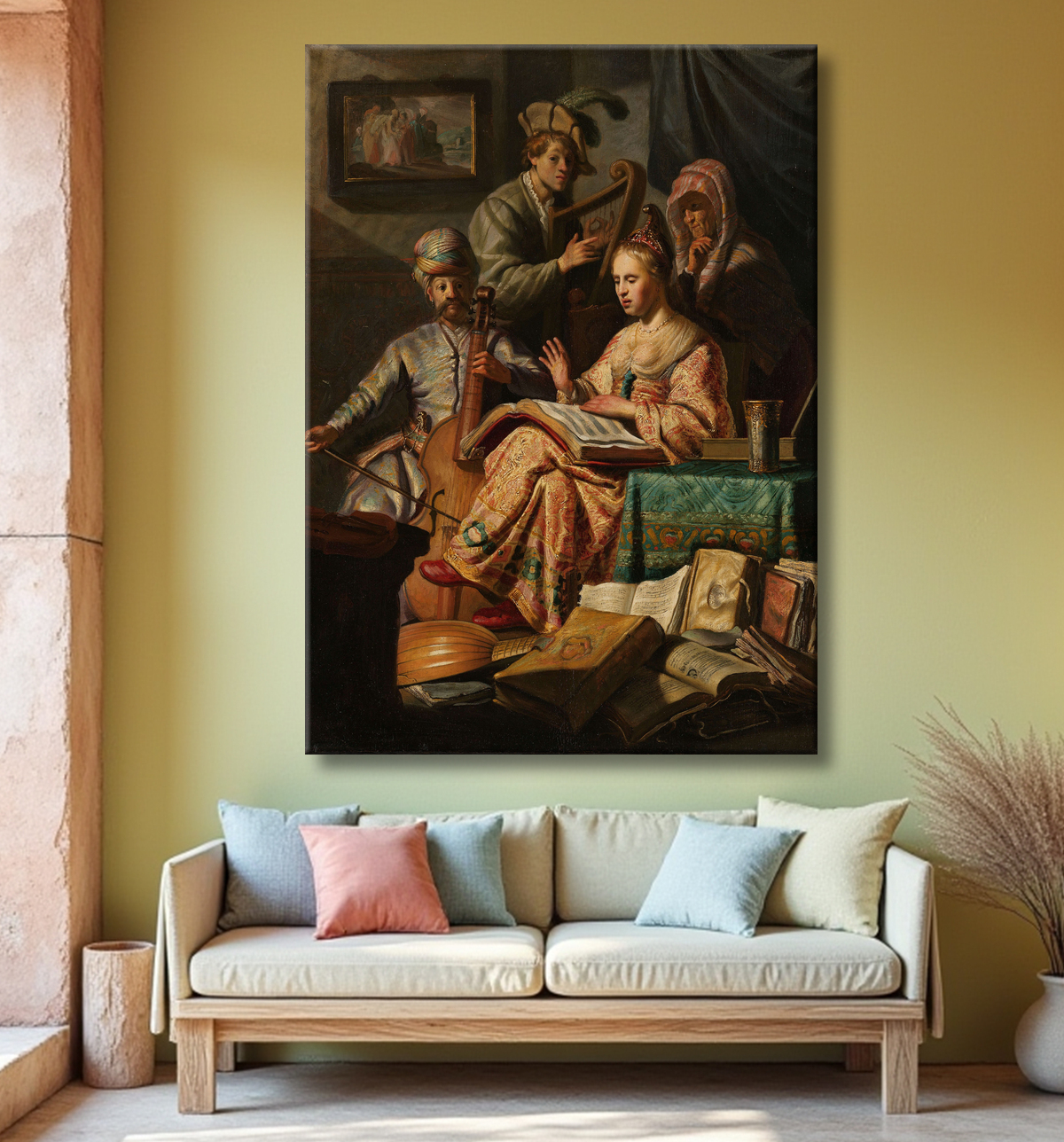 Reproduction Compagnie musicale de Rembrandt van Rijn avec decor