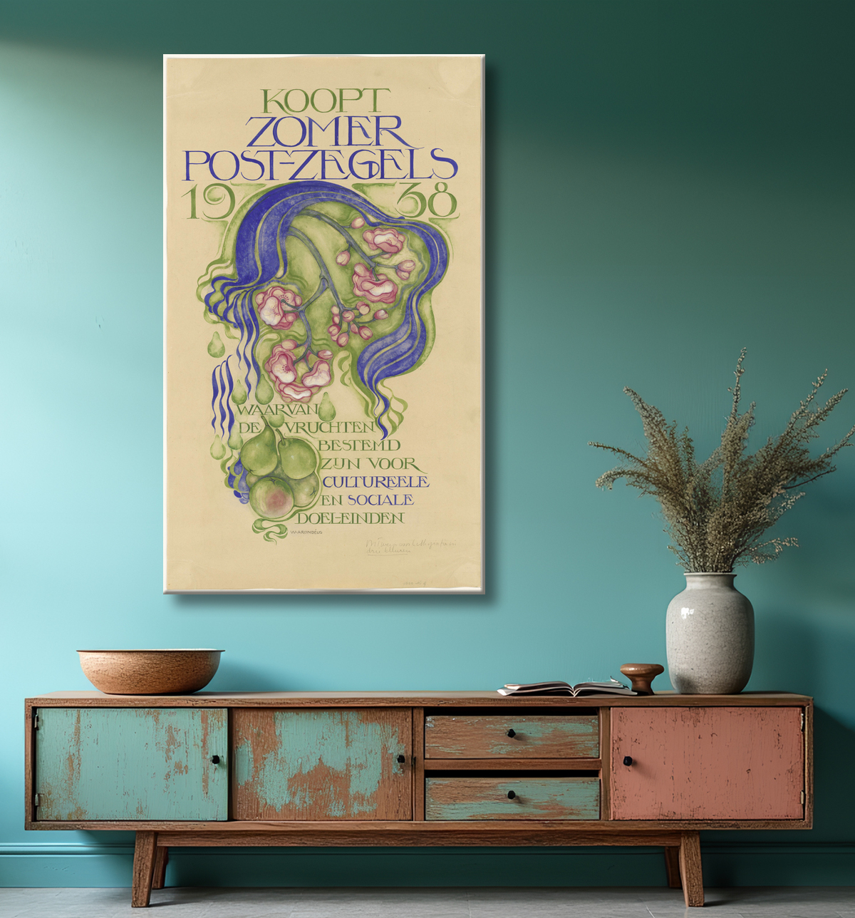 Reproduction Conception d'une affiche pour la vente des timbres d'été pour l'année 1938 de Willem Arondéus avec decor