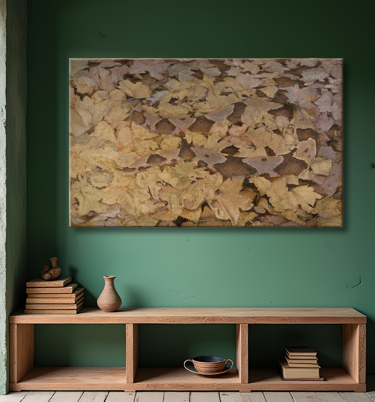 Reproduction Copperhead Snake on Dead Leaves, étude pour le livre Concealing Coloration in the Animal Kingdom de Abbott Handerson Thayer, born Boston, MA 1849-died Dublin, NH 1921 avec decor