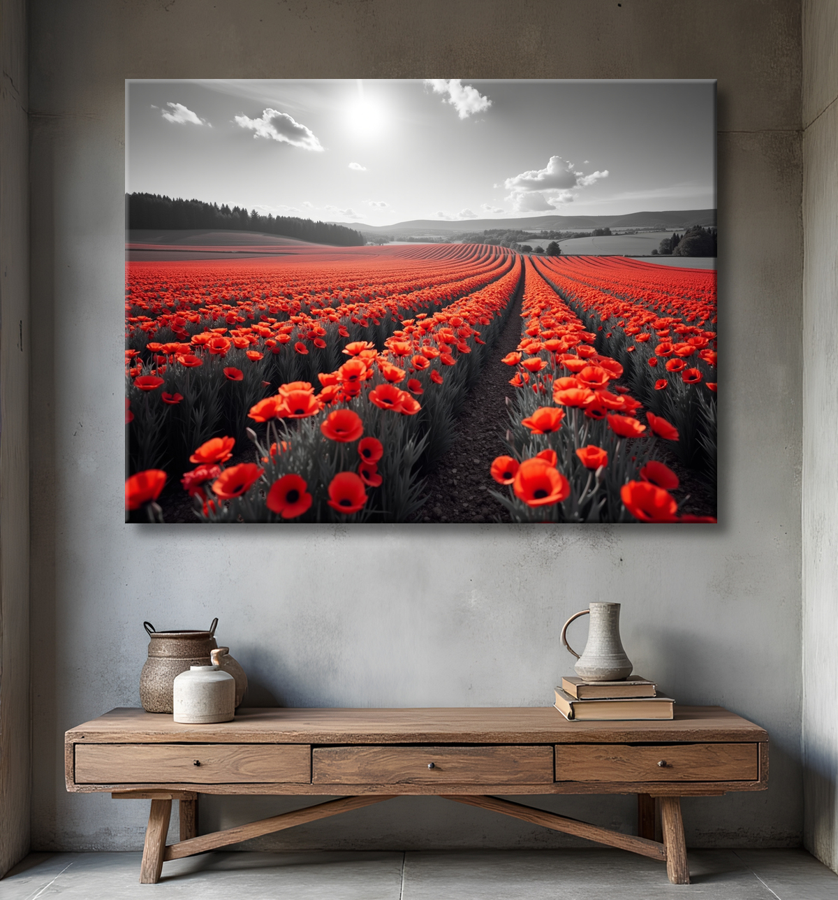 Tableau coquelicots rouges sur fond noir et blanc avec decor