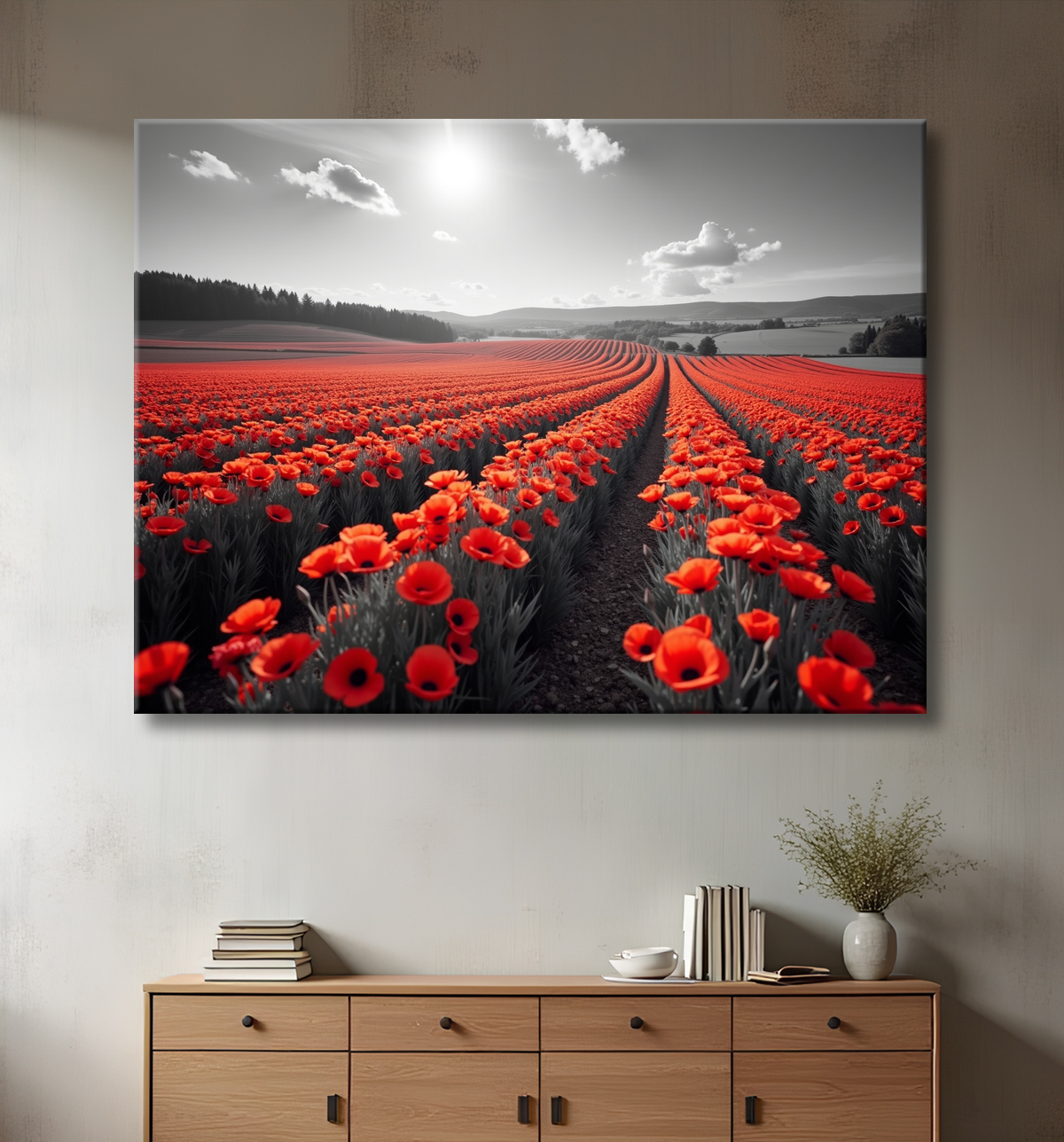 Tableau coquelicots rouges sur fond noir et blanc avec decor