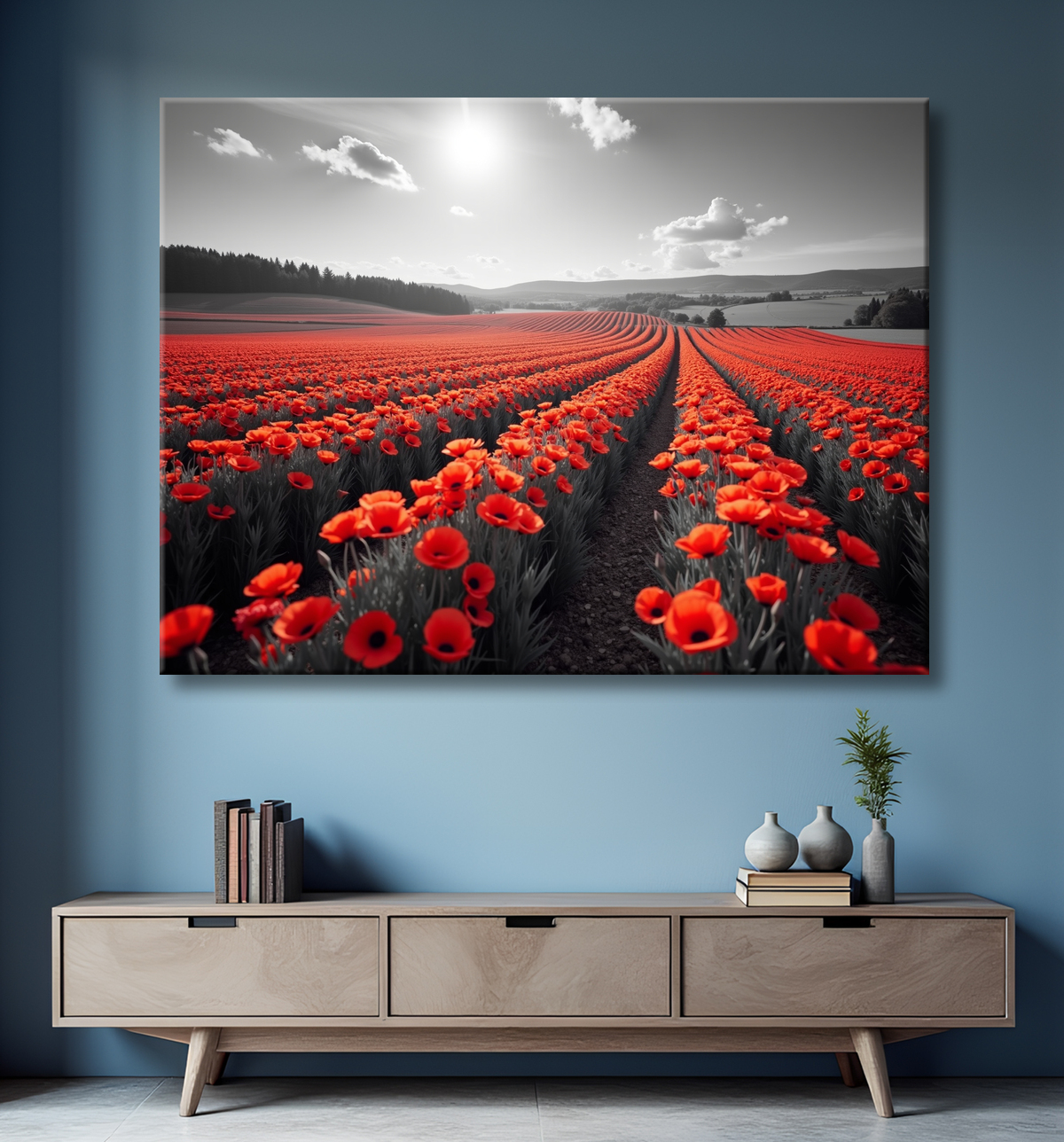 Tableau coquelicots rouges sur fond noir et blanc avec decor