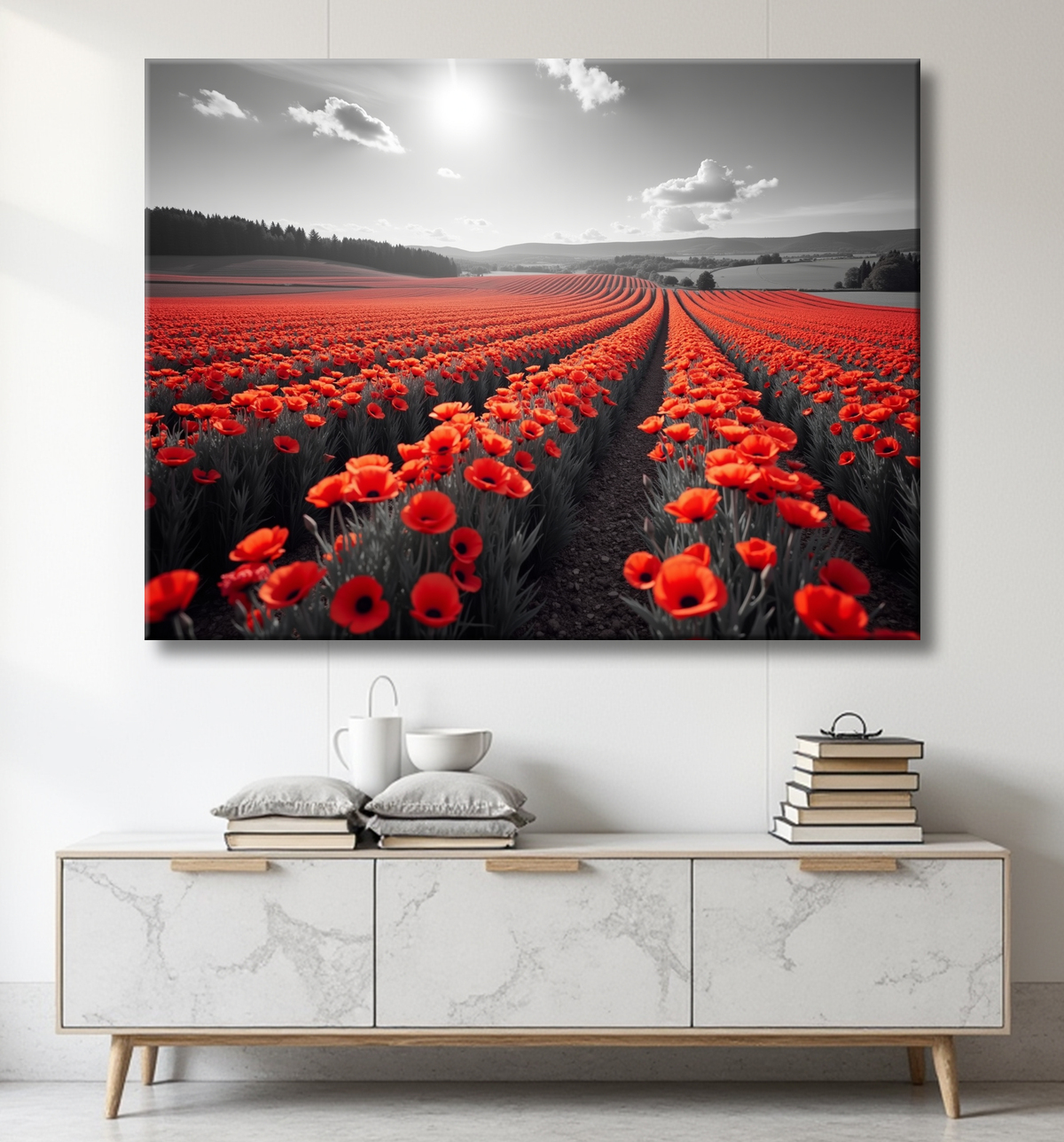 Tableau coquelicots rouges sur fond noir et blanc avec decor