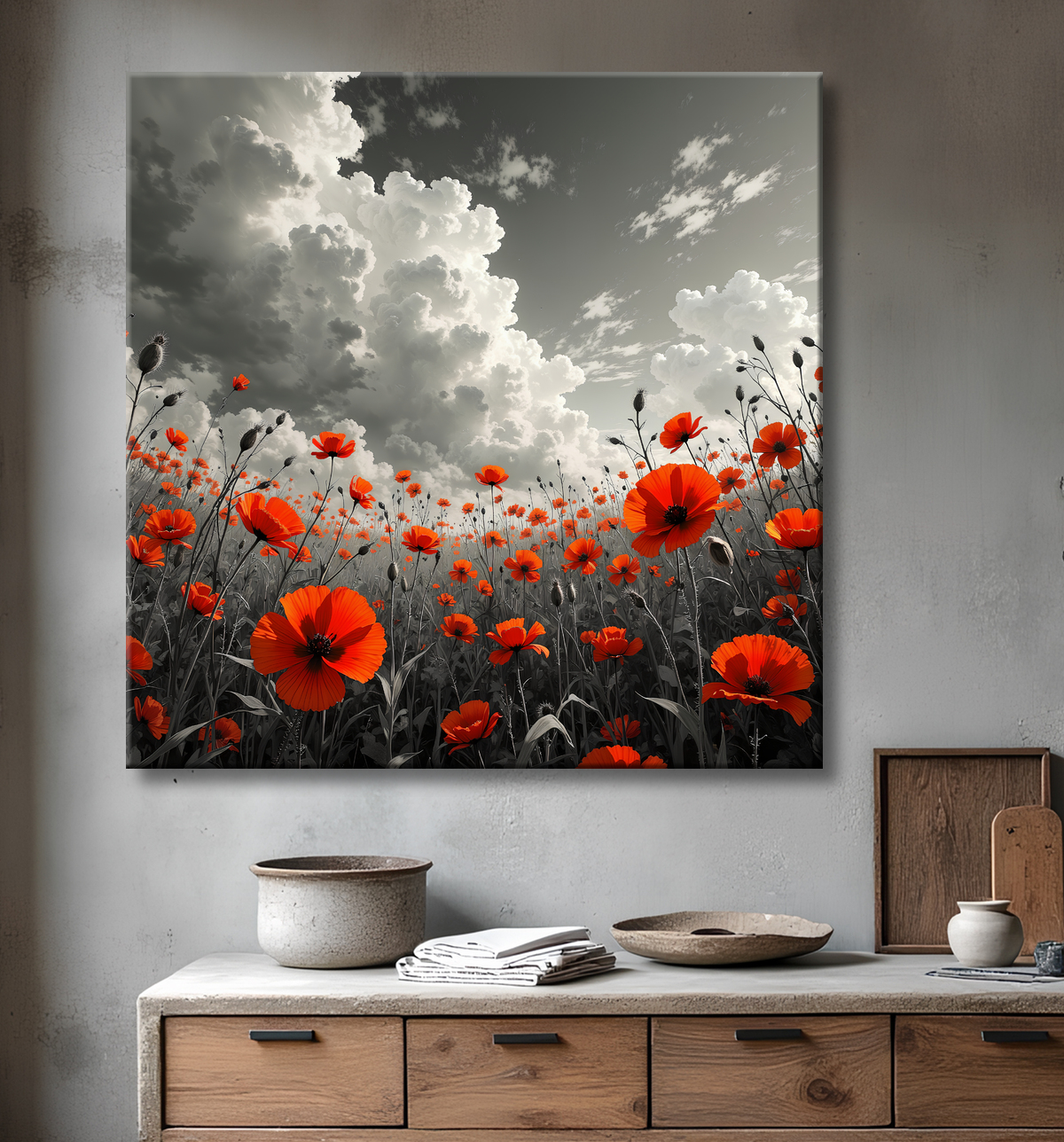 Tableau coquelicots rouges sur fond noir et blanc avec decor