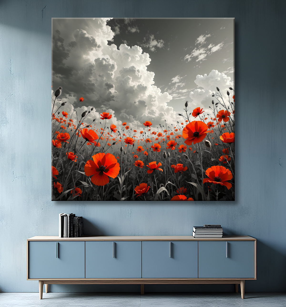 Tableau coquelicots rouges sur fond noir et blanc avec decor