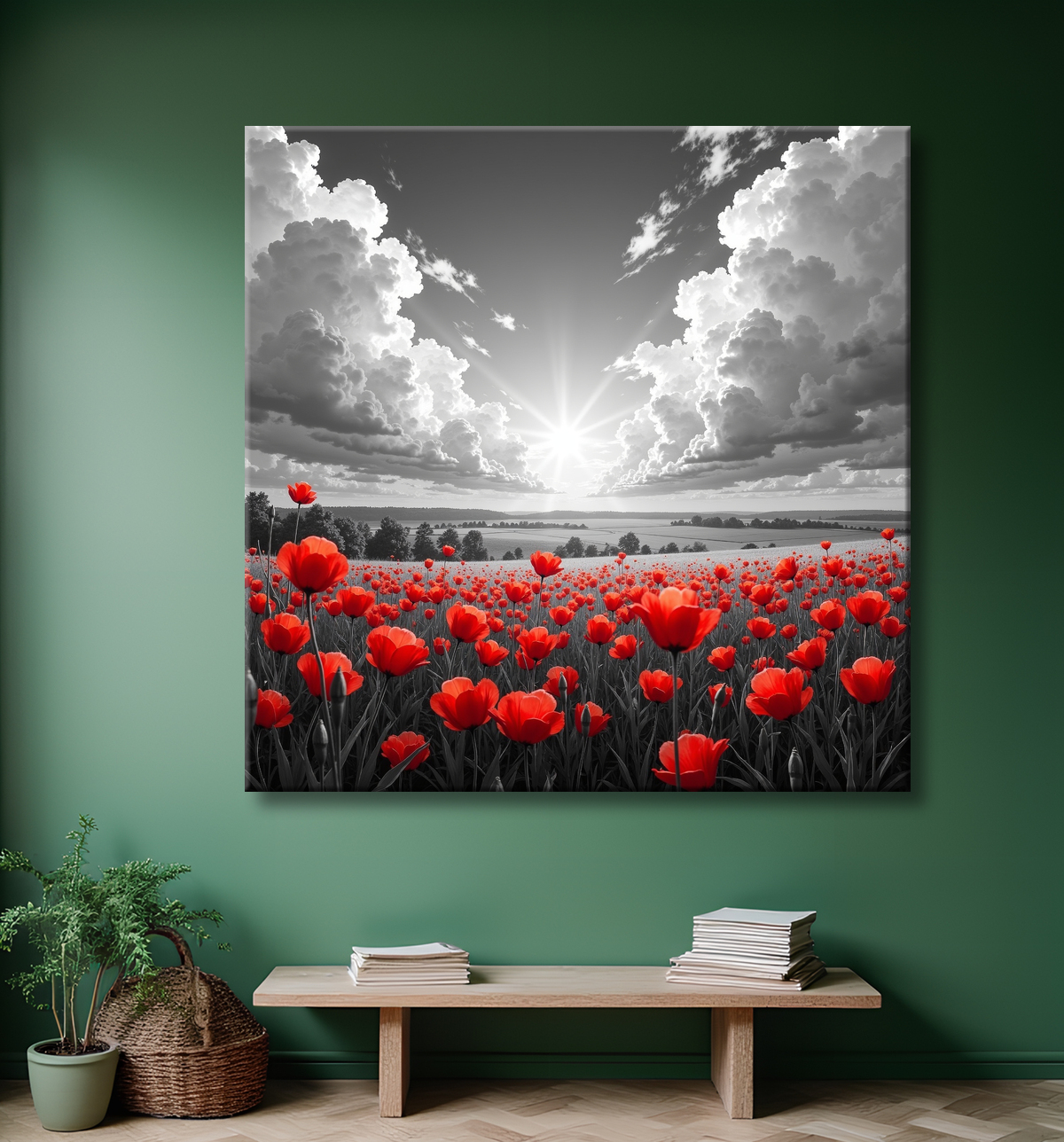 Tableau coquelicots rouges sur fond noir et blanc avec decor