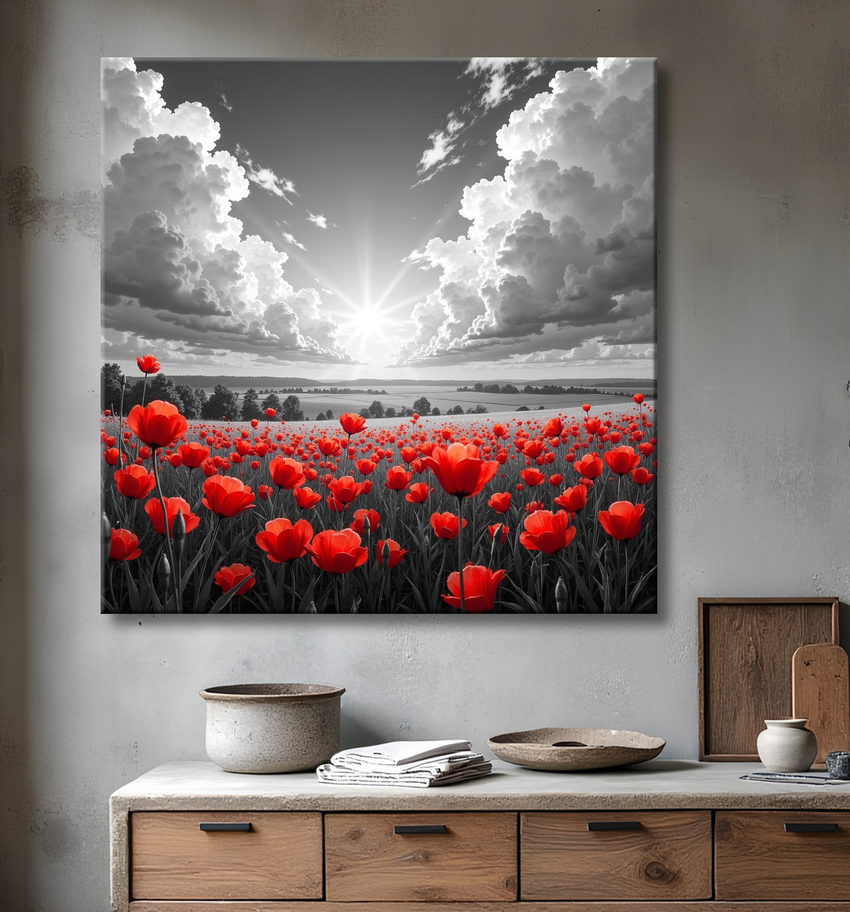 Tableau coquelicots rouges sur fond noir et blanc avec decor