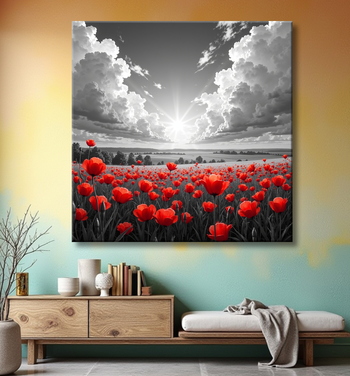 Tableau coquelicots rouges sur fond noir et blanc avec decor