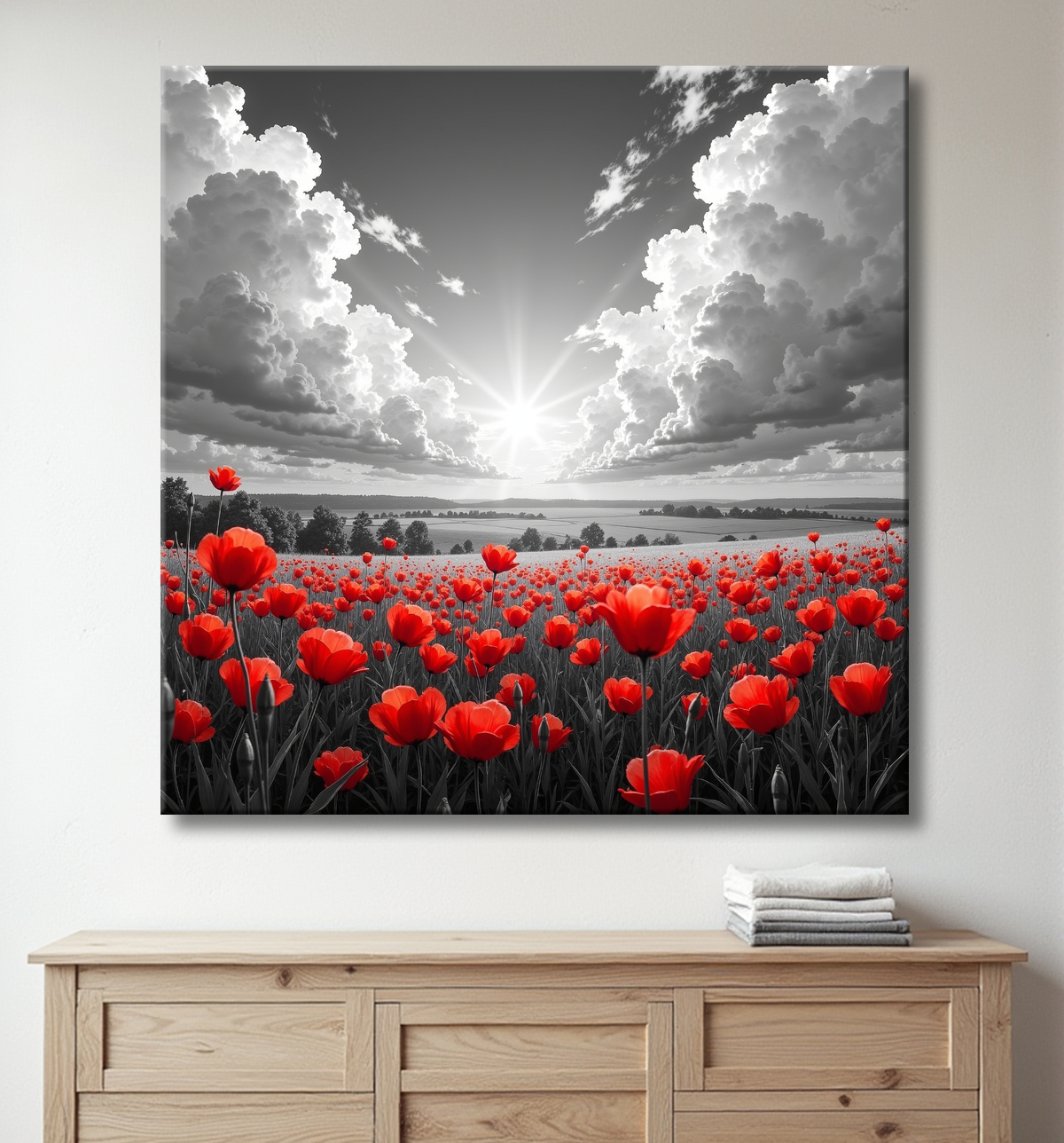 Tableau coquelicots rouges sur fond noir et blanc avec decor